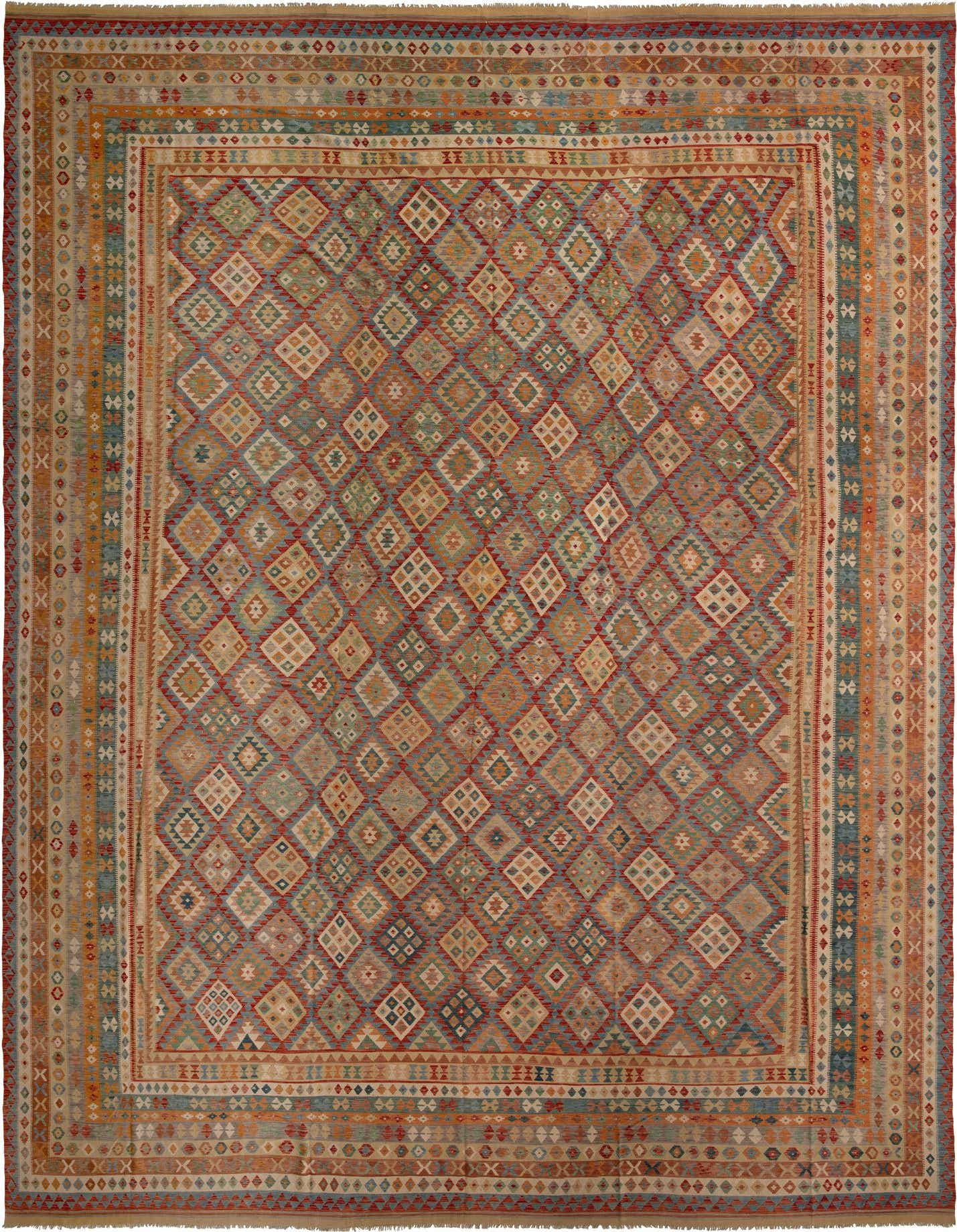 A large rectangular Kilim Maymana rug featuring a multi-colored tribal diamond pattern and a striped border, ideal for a living room.