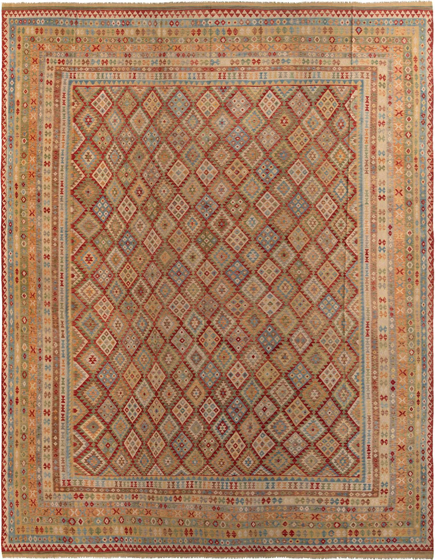 A large rectangular Kilim Maymana rug featuring a multi-colored tribal diamond pattern and a decorative border, suitable for a living room.