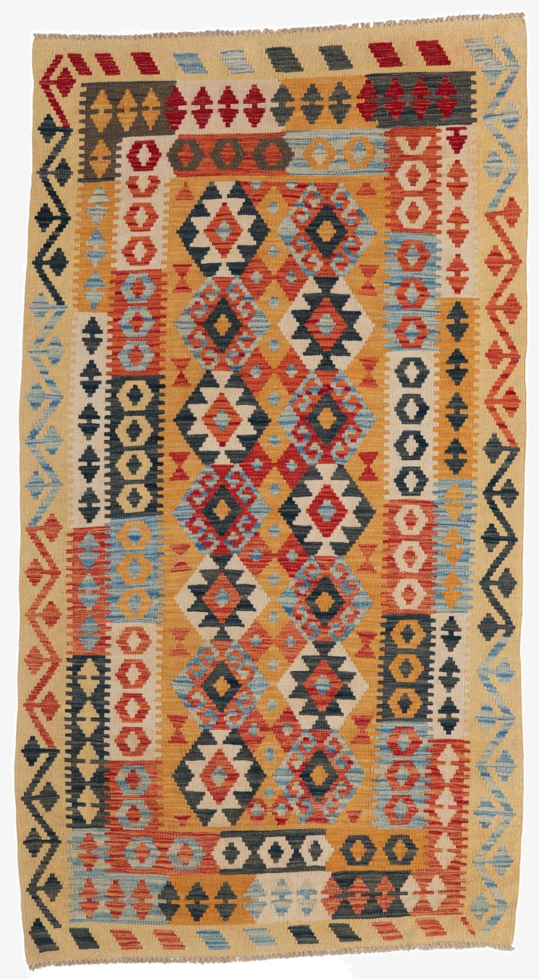  3' 7 x 6' 6  Hand Woven Kilim Maymana Wool Rug