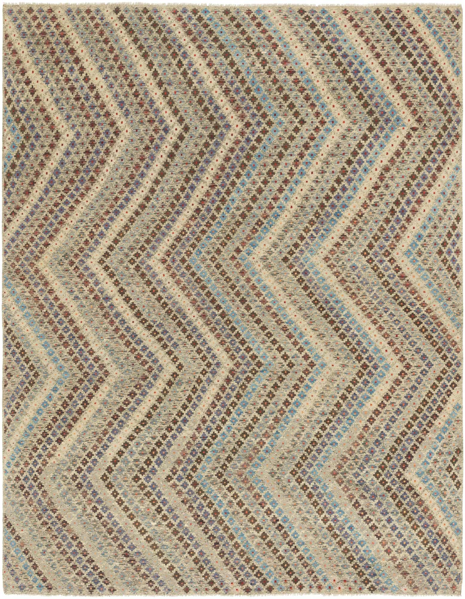 A 10x13 rectangular multi-colored wool flatweave rug with a modern chevron pattern of small tribal motifs.