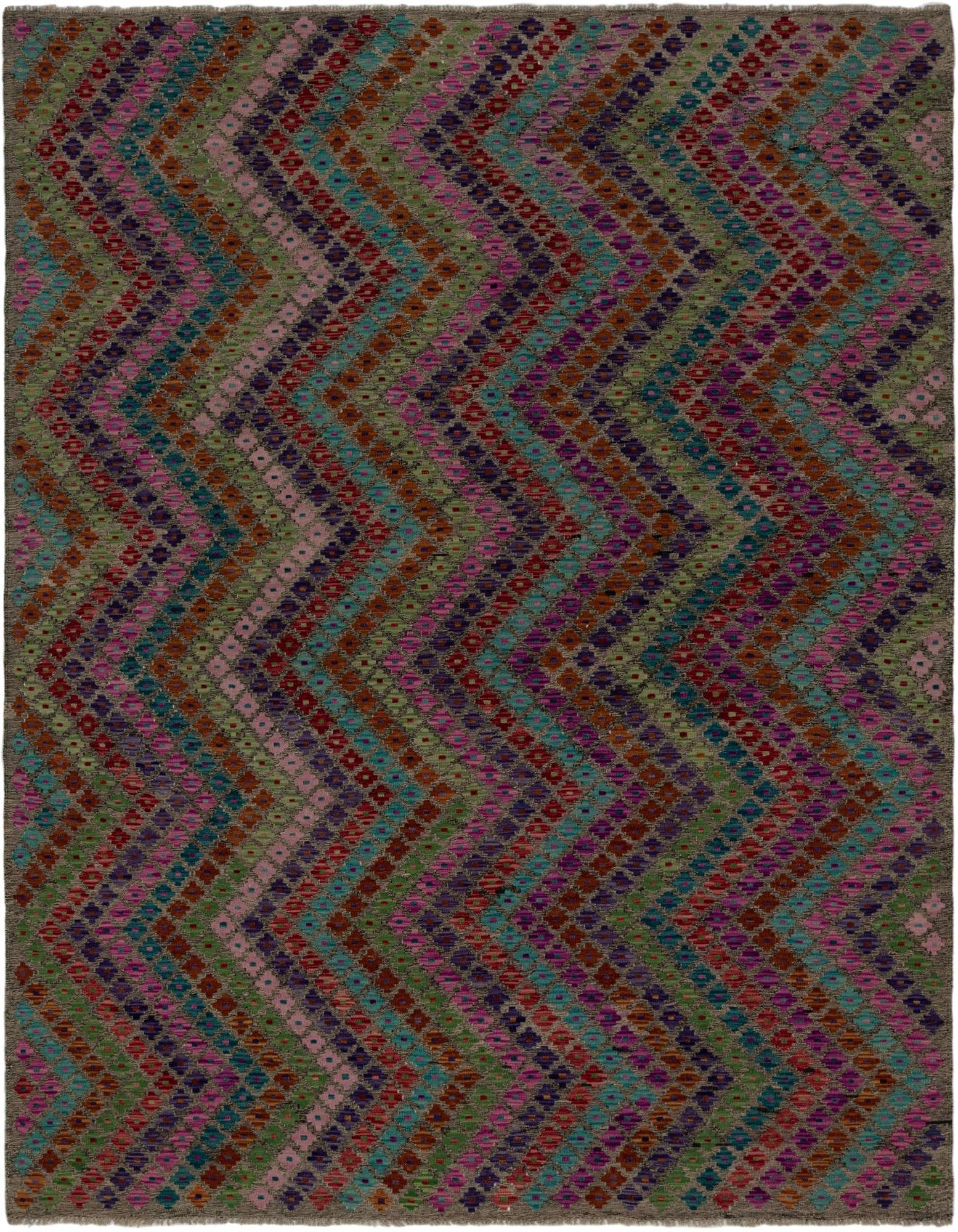 A 7x10 multi-colored rectangular Kilim Modern wool rug with a vibrant tribal zigzag pattern, perfect for a living room.