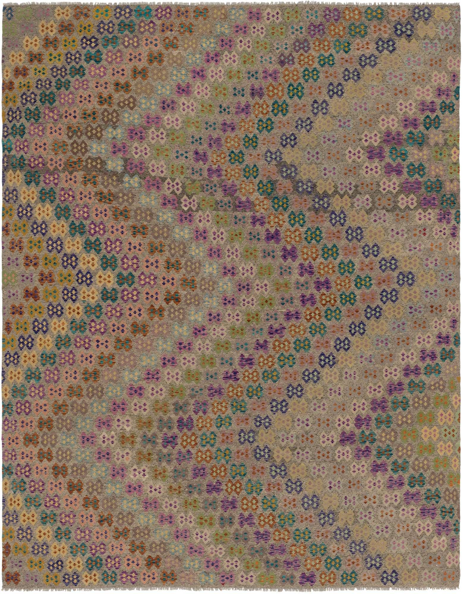 A 10x14 multi-colored rectangular wool flatweave rug with a Southwestern-inspired geometric pattern.