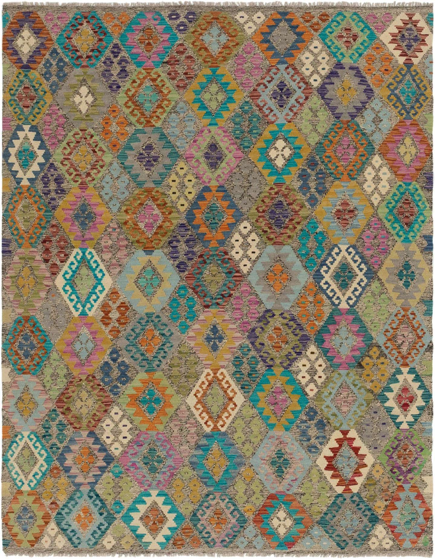 A 6x9 multi-colored rectangular wool rug featuring a vibrant Southwestern diamond pattern with fringed edges.