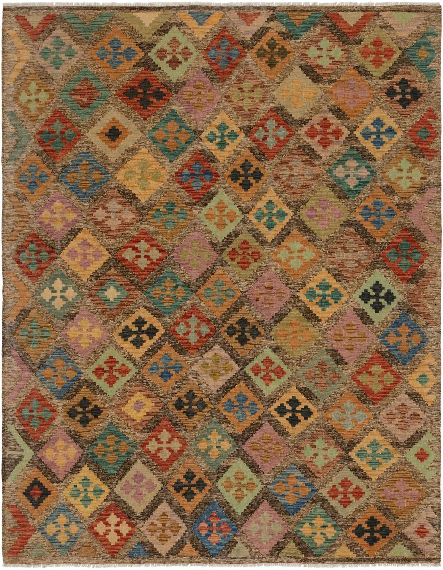 A 6x9 multi-colored rectangular wool rug featuring a Southwestern geometric diamond pattern with various vibrant hues.