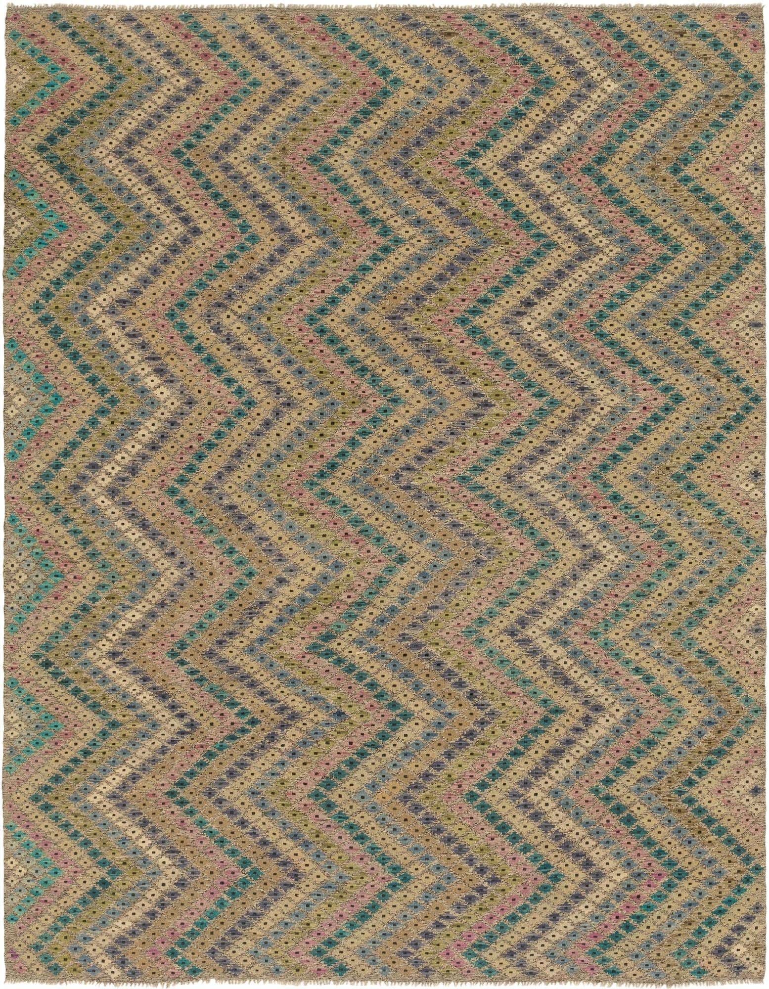 A 9x12 rectangular Kilim Modern wool rug featuring a multi-colored Southwestern zigzag pattern with teal, pink, and purple hues on a beige background.