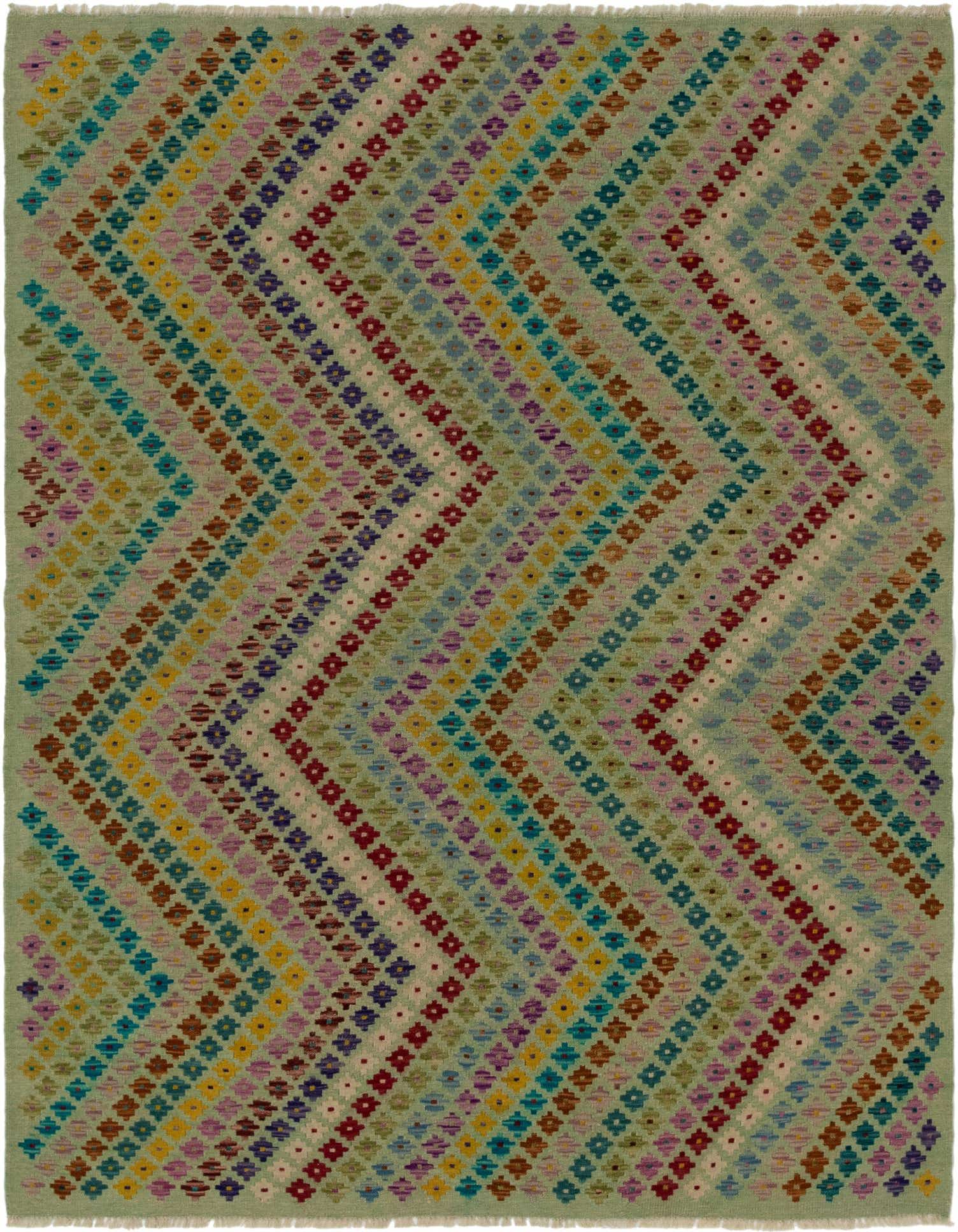 A 6x9 rectangular multi-colored tribal rug with a zigzag pattern of small diamond shapes, ideal for a living room.
