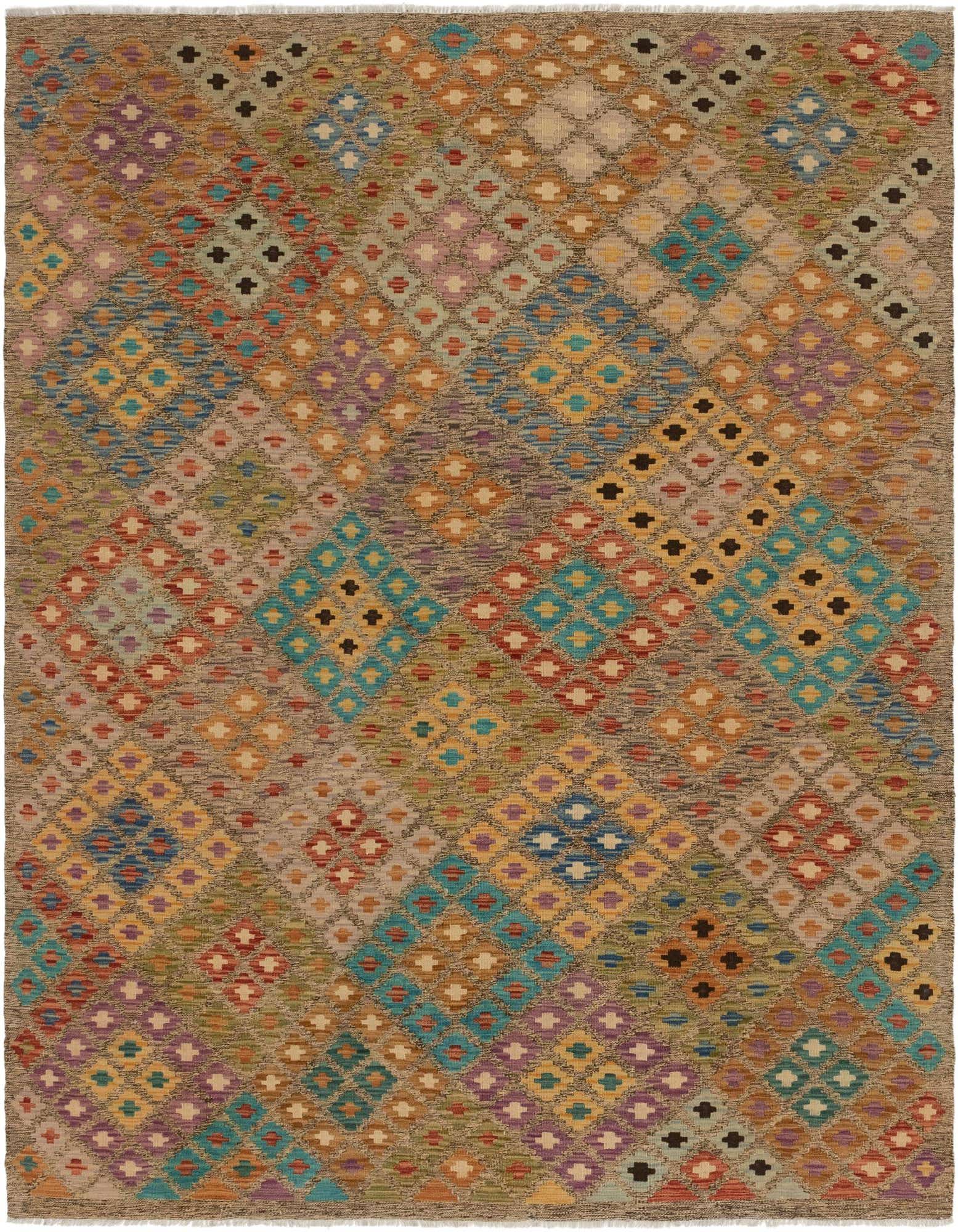 A 6x9 multi-colored rectangular wool flatweave rug with a transitional geometric diamond pattern.