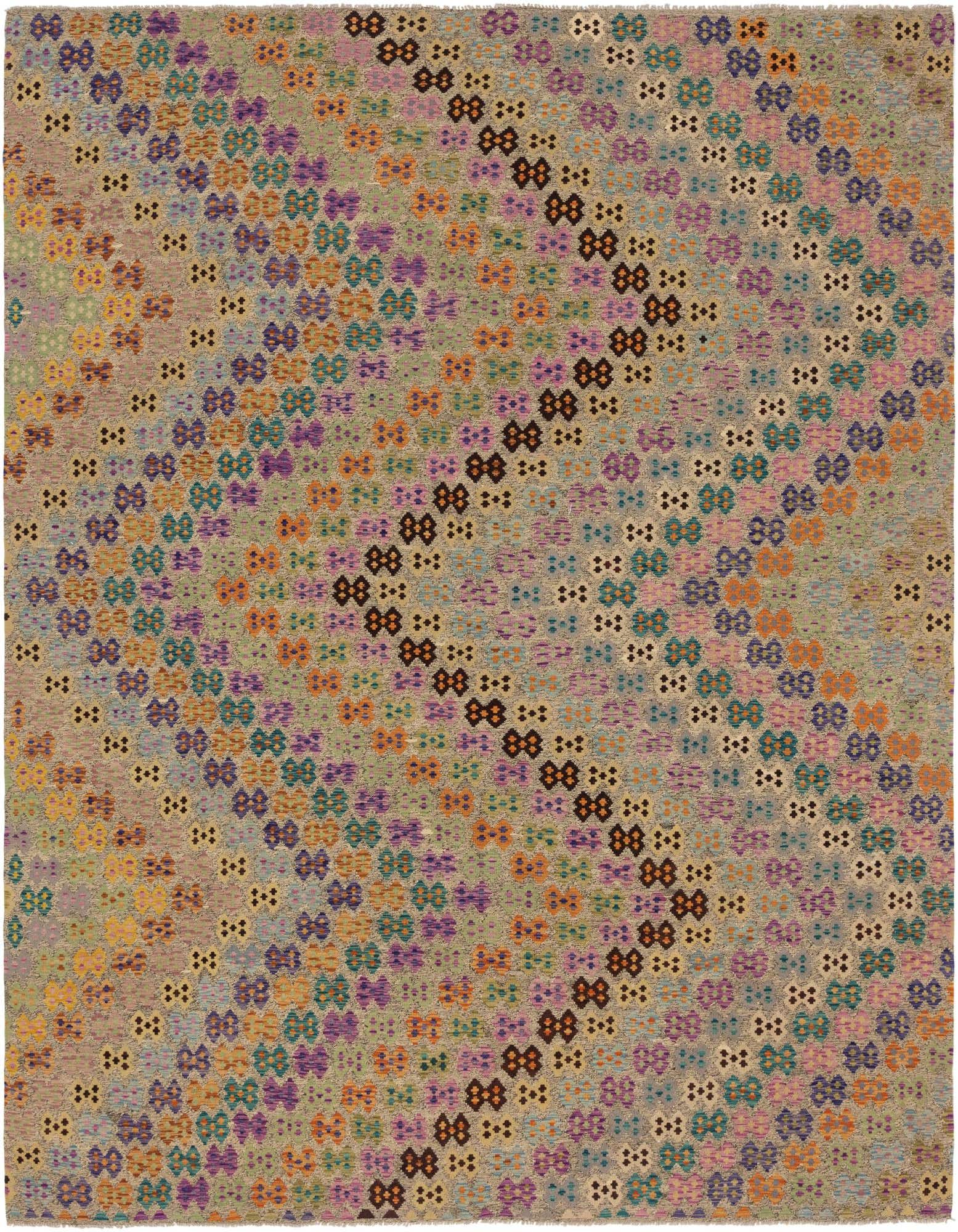 A 10x14 rectangular multi-colored wool flatweave rug featuring a modern Southwestern tribal pattern with diagonal rows of geometric motifs.