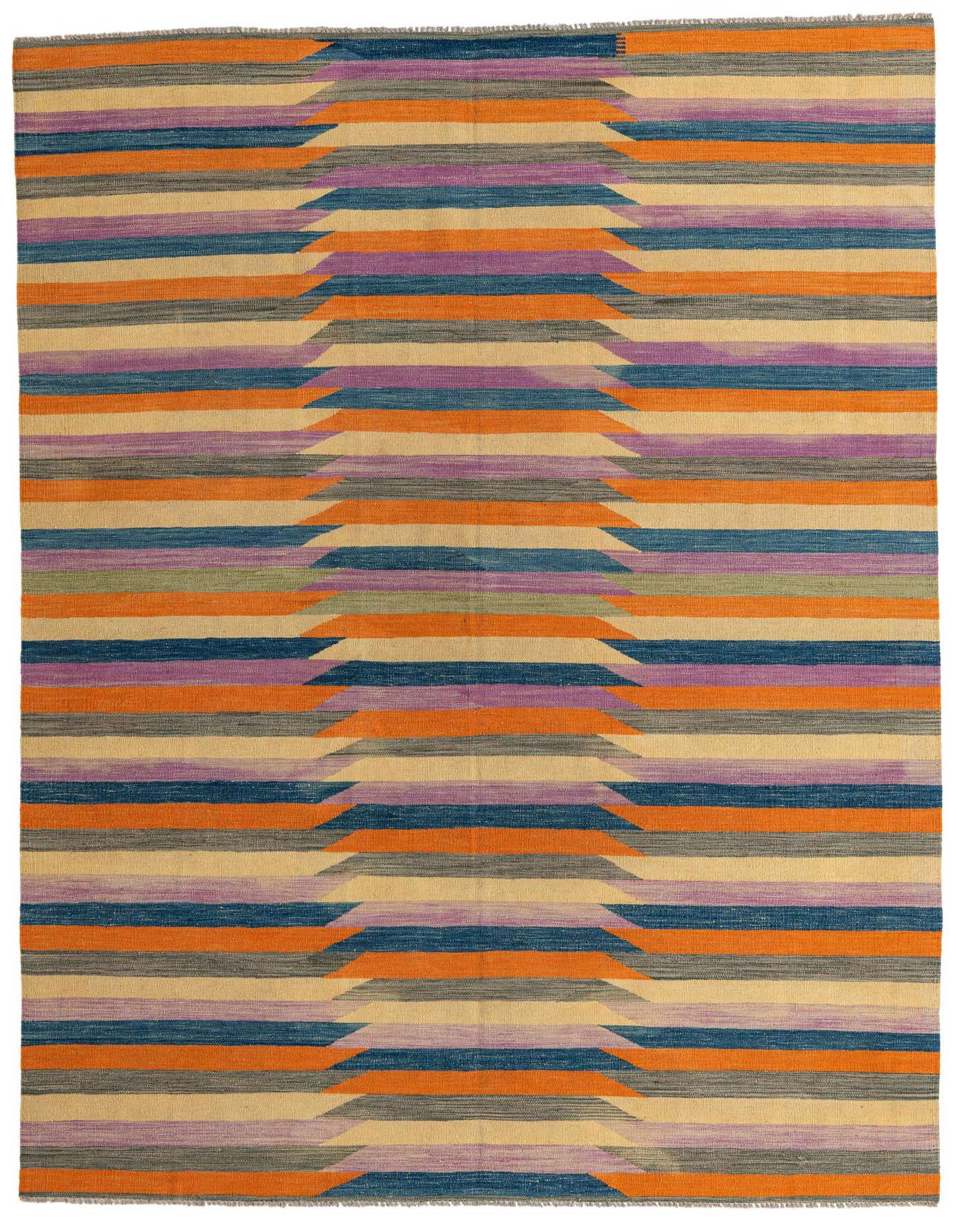 A 7x10 rectangular Kilim Modern wool rug featuring a vibrant multi-colored striped pattern with geometric tribal accents.