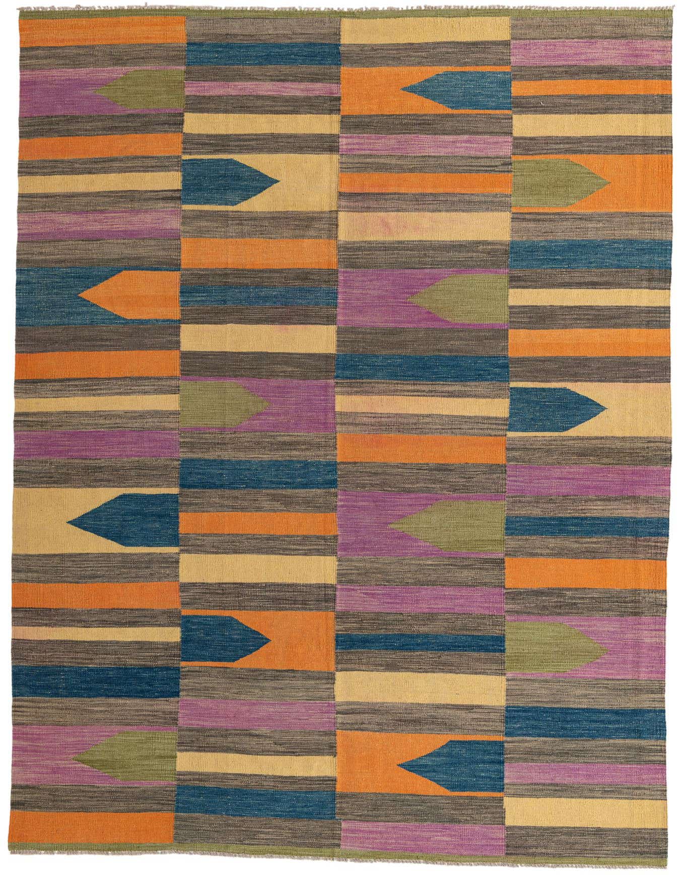 A 7x10 multi-colored rectangular Kilim Modern wool rug featuring bold stripes and arrow-like patterns in blue, orange, purple, green, and beige.