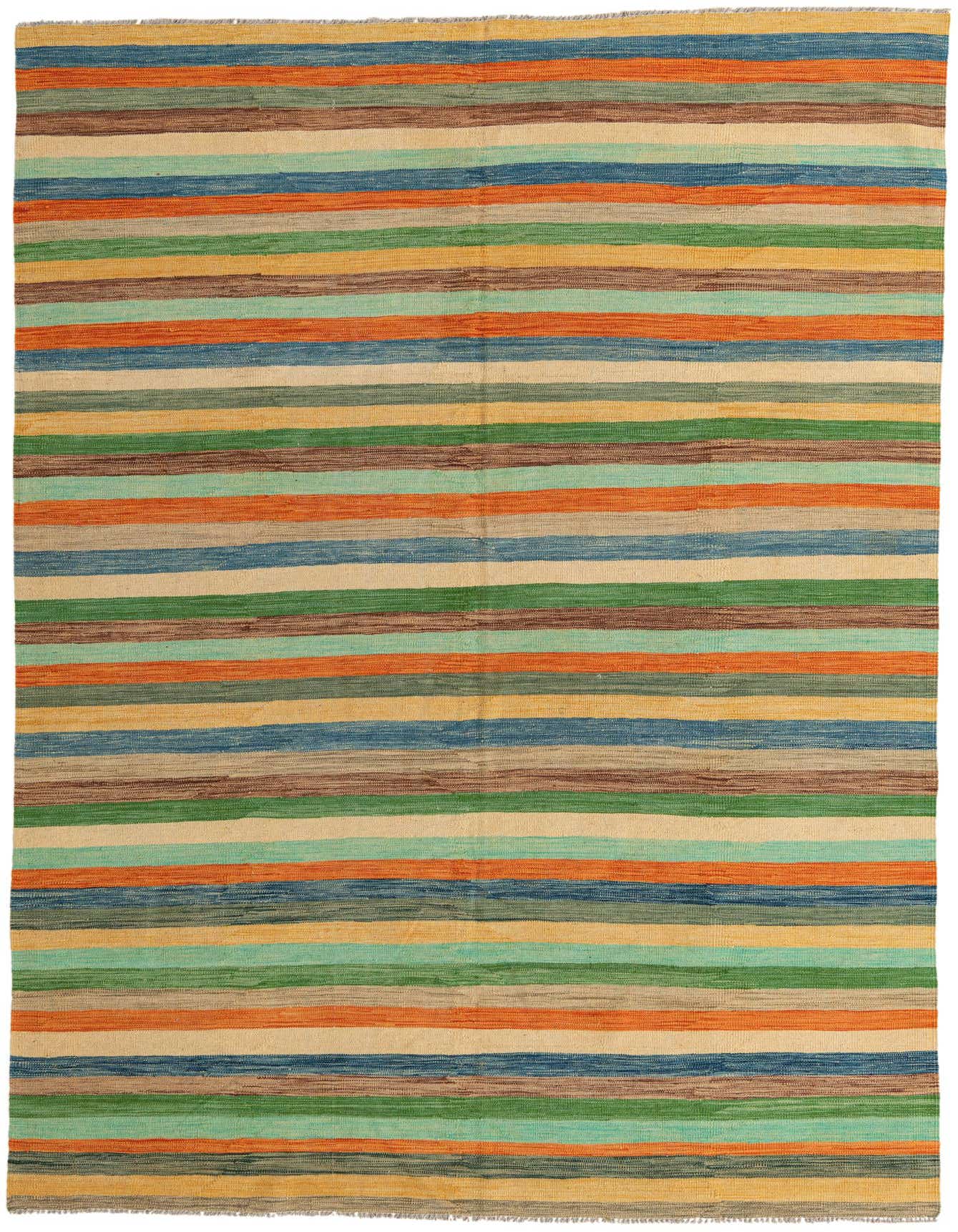 A 7x10 multi-colored rectangular flatweave rug with horizontal stripes in shades of blue, green, orange, brown, and beige.