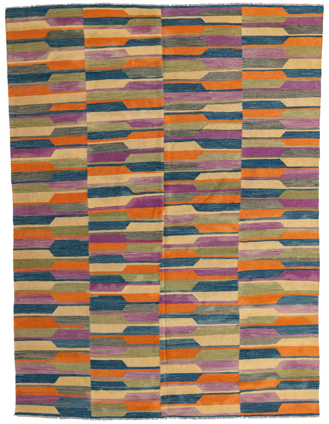 A 7x10 multi-colored rectangular flatweave rug with a modern tribal pattern in shades of orange, blue, purple, and green.
