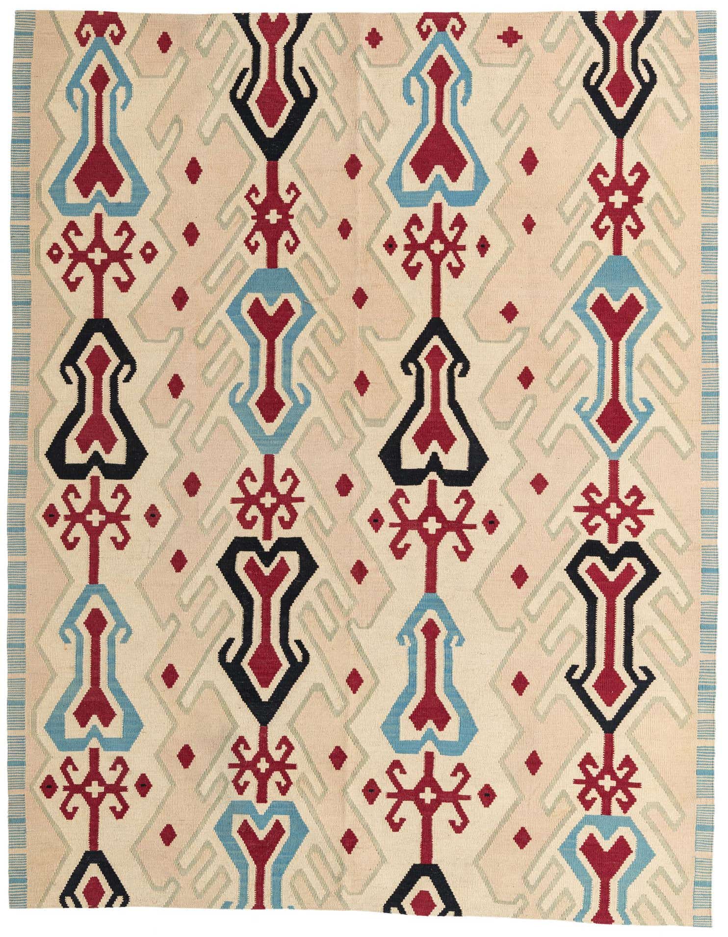 A 7x10 rectangular flatweave wool rug featuring a multi-colored tribal pattern with red, blue, and black motifs on a cream background.