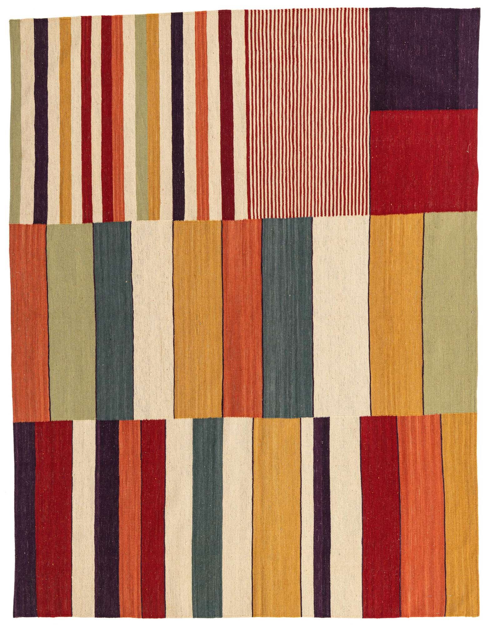 A 5x8 rectangular Kilim Modern rug with a multi-colored tribal stripe pattern in red, orange, green, gold, and purple.