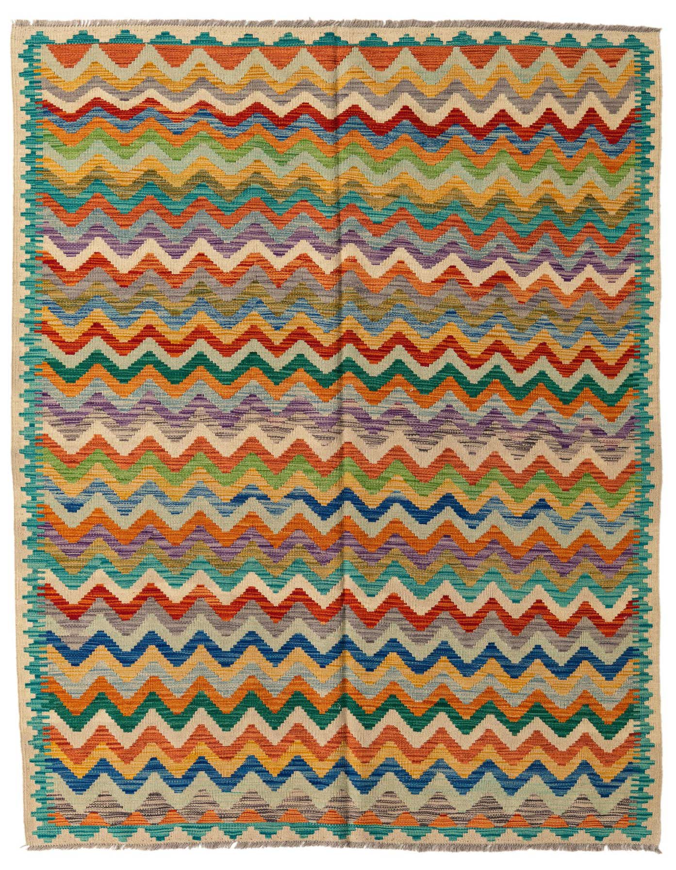 A 5x8 rectangular Kilim Modern wool rug featuring a vibrant multi-colored zigzag pattern, ideal for a living room.
