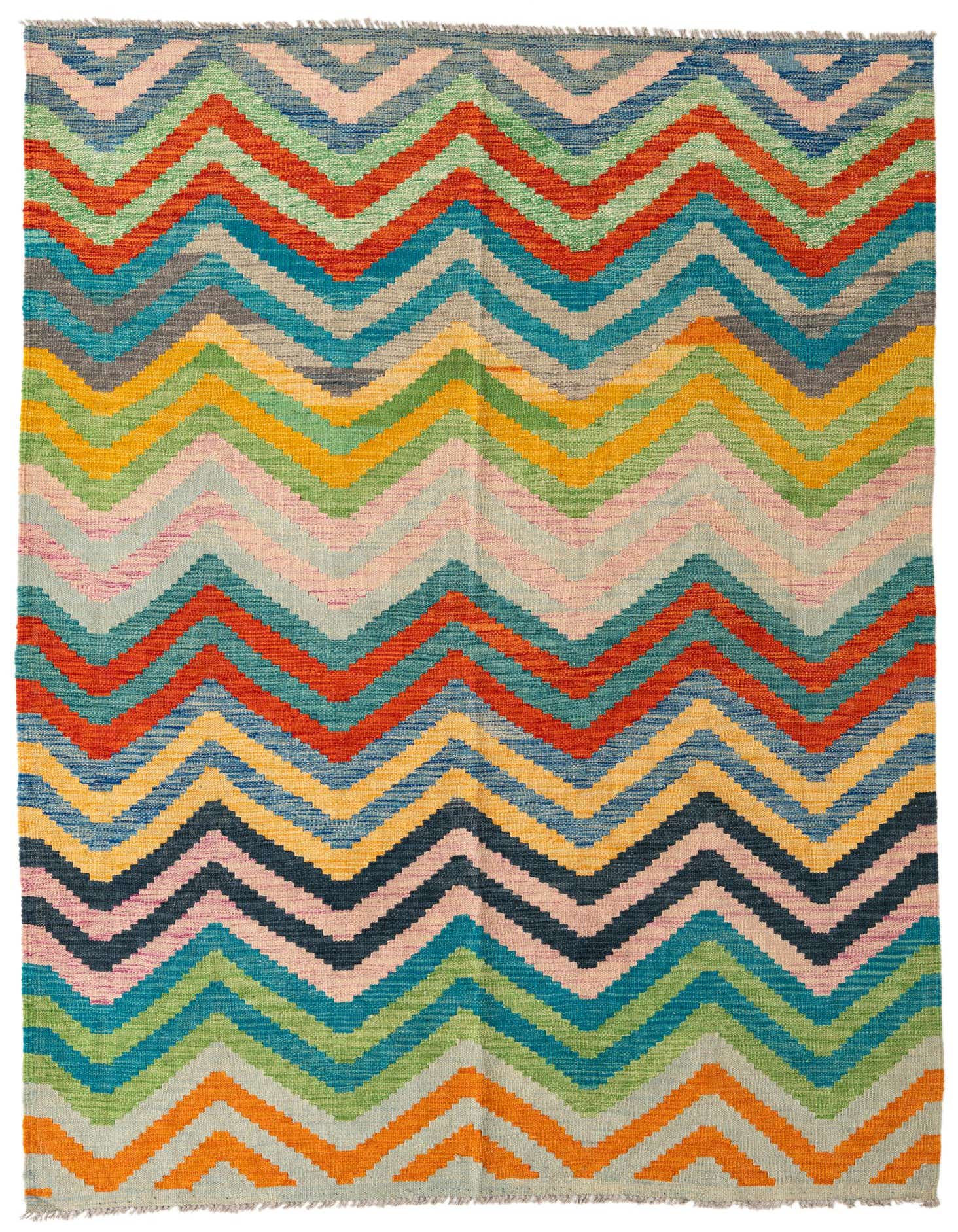 A 5x8 rectangular Kilim Modern rug with a vibrant multi-colored chevron pattern, featuring shades of orange, blue, green, yellow, and pink.