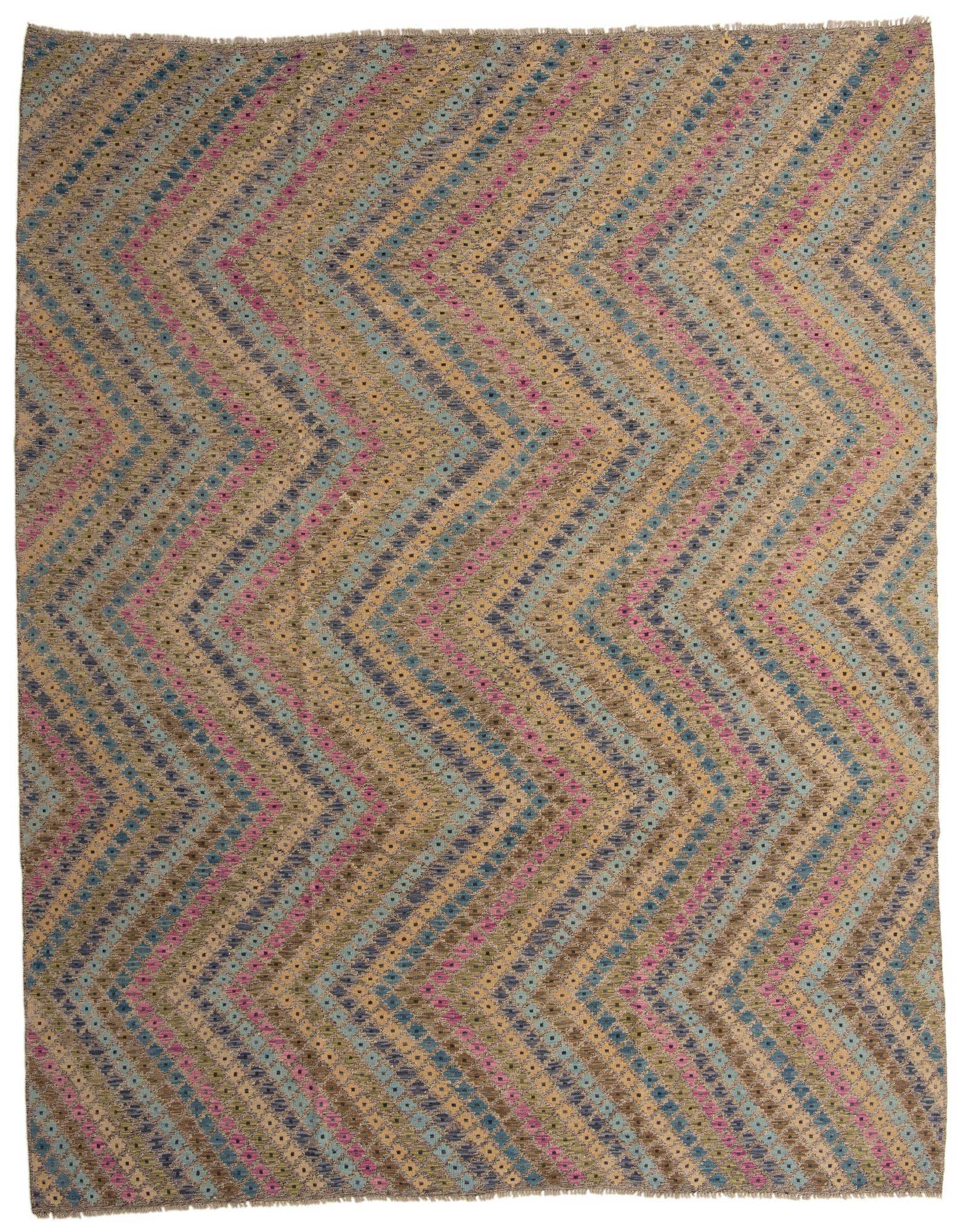 A 10x13 multi-colored flatweave wool rug with a modern tribal chevron pattern, ideal for a living room.