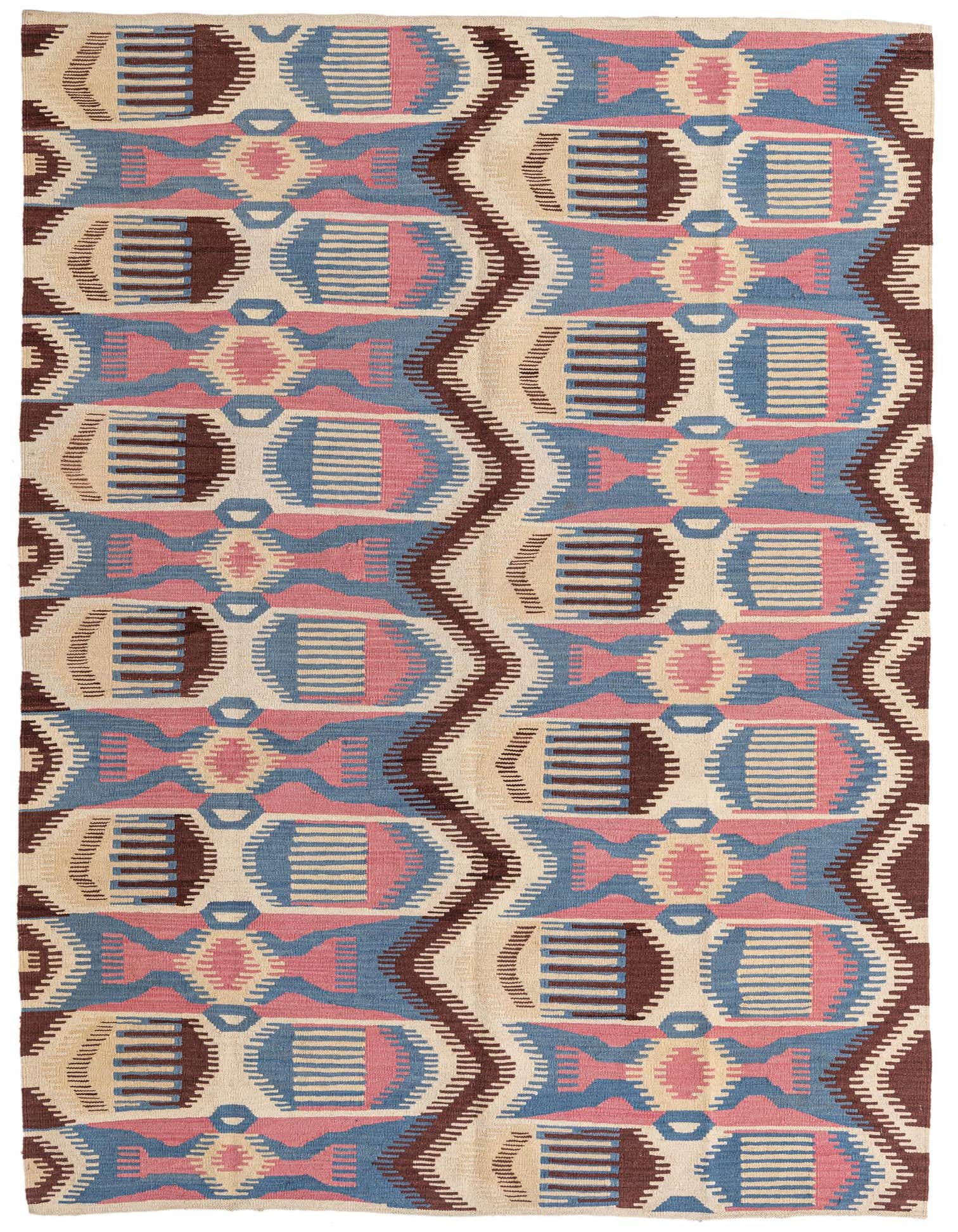 A 6x9 rectangular multi-colored tribal rug featuring abstract patterns in blue, pink, brown, and cream, ideal for a living room.
