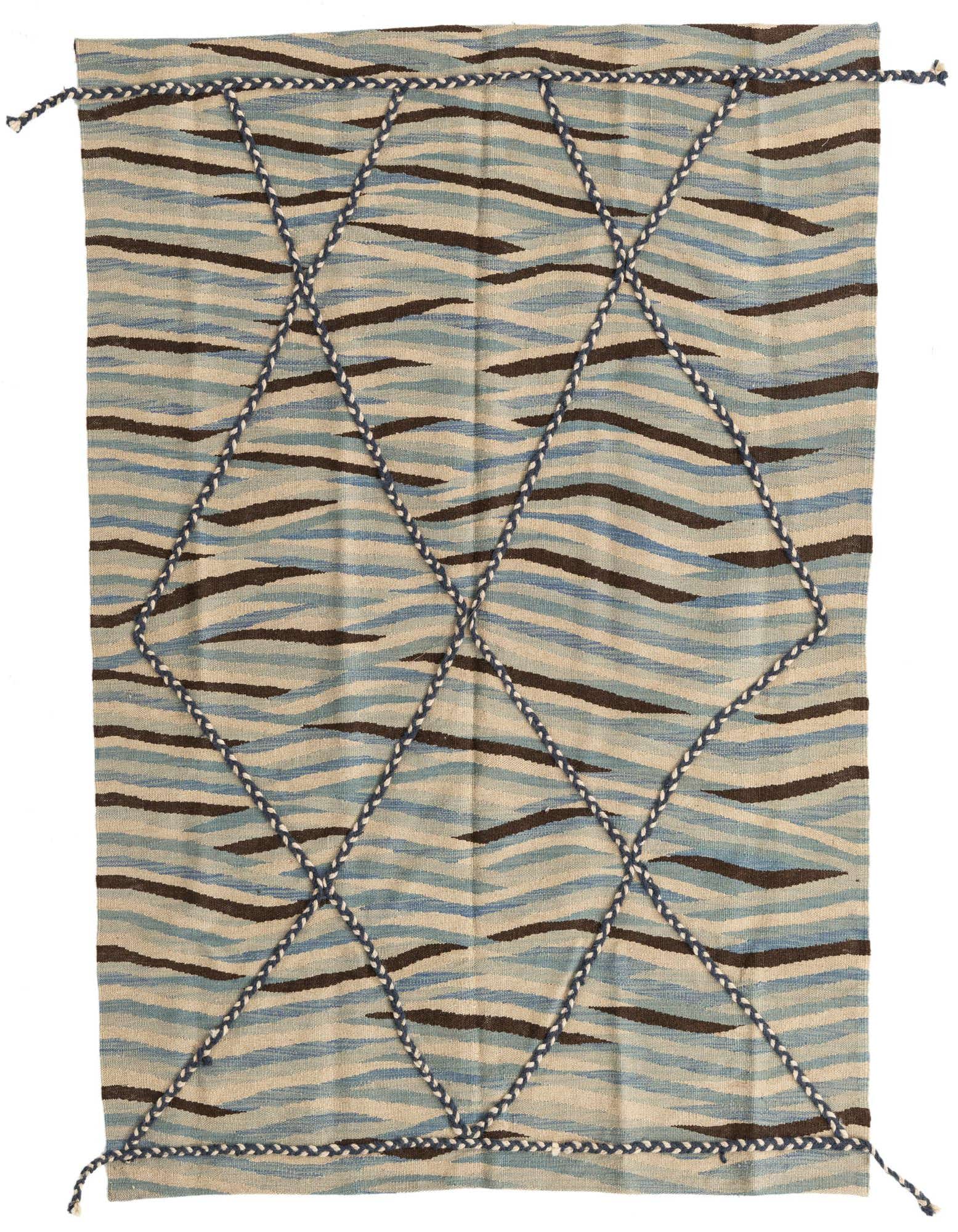 A 4x6 rectangular Kilim Modern wool rug with horizontal stripes in shades of blue, cream, and brown, overlaid with a braided blue diamond pattern.