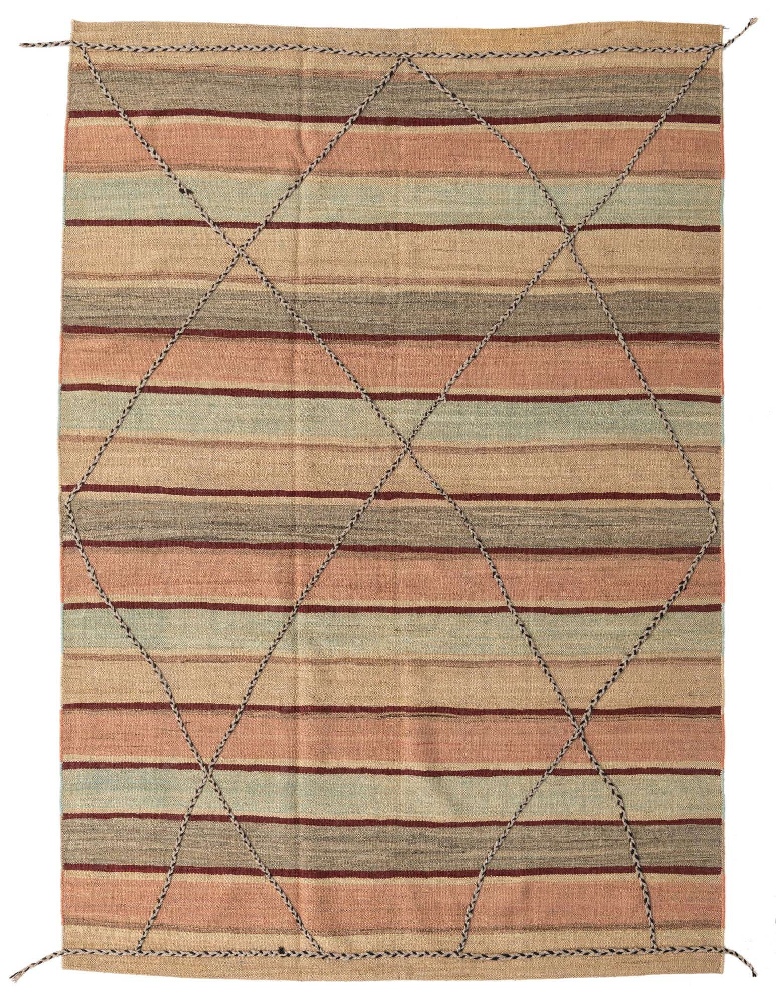 A 5x8 rectangular flatweave rug with horizontal stripes in peach, beige, light blue, and burgundy, overlaid with a braided diamond pattern.