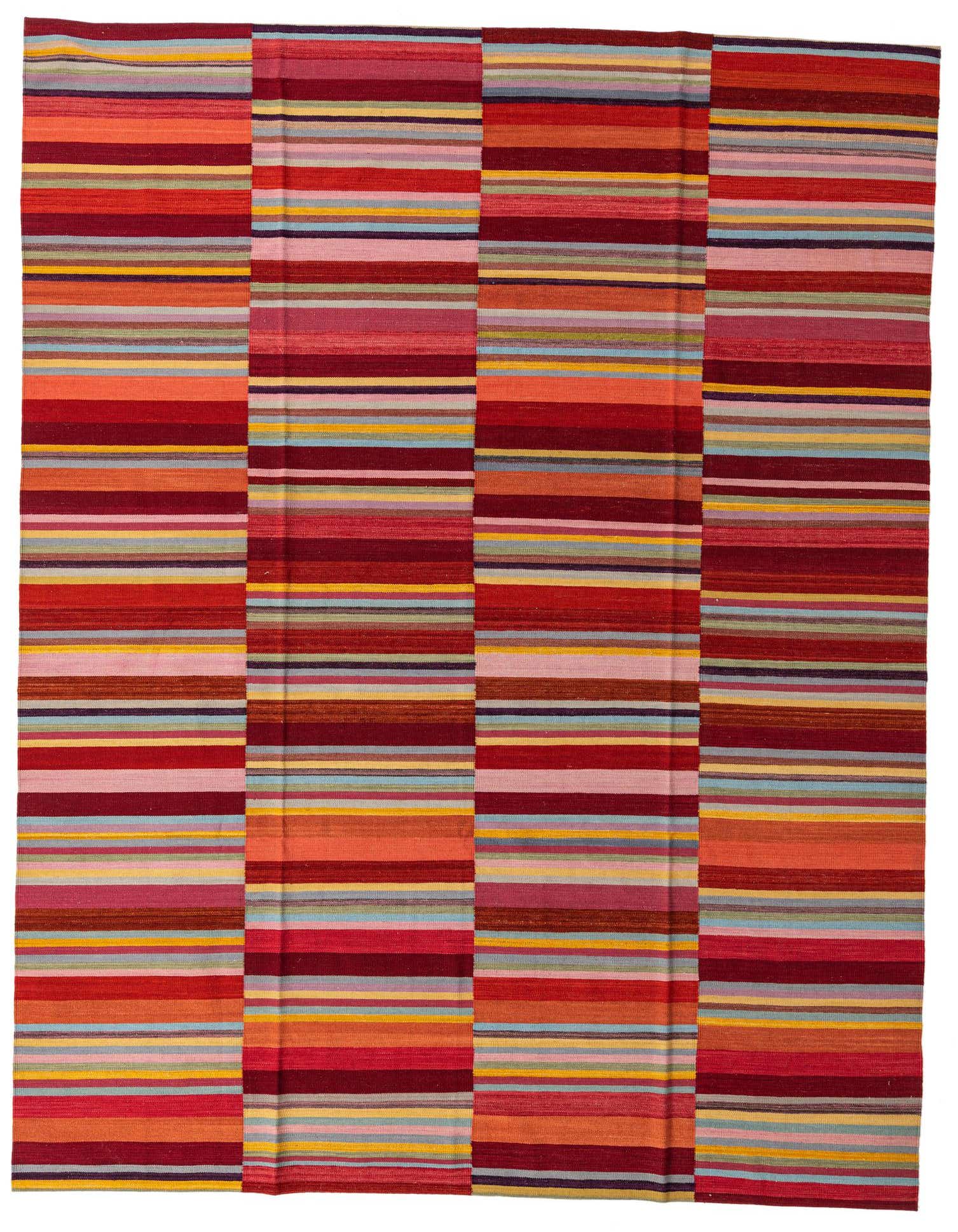 A 9x11 multi-colored rectangular Kilim Modern wool rug with horizontal stripes in various shades of red, orange, pink, blue, and yellow.