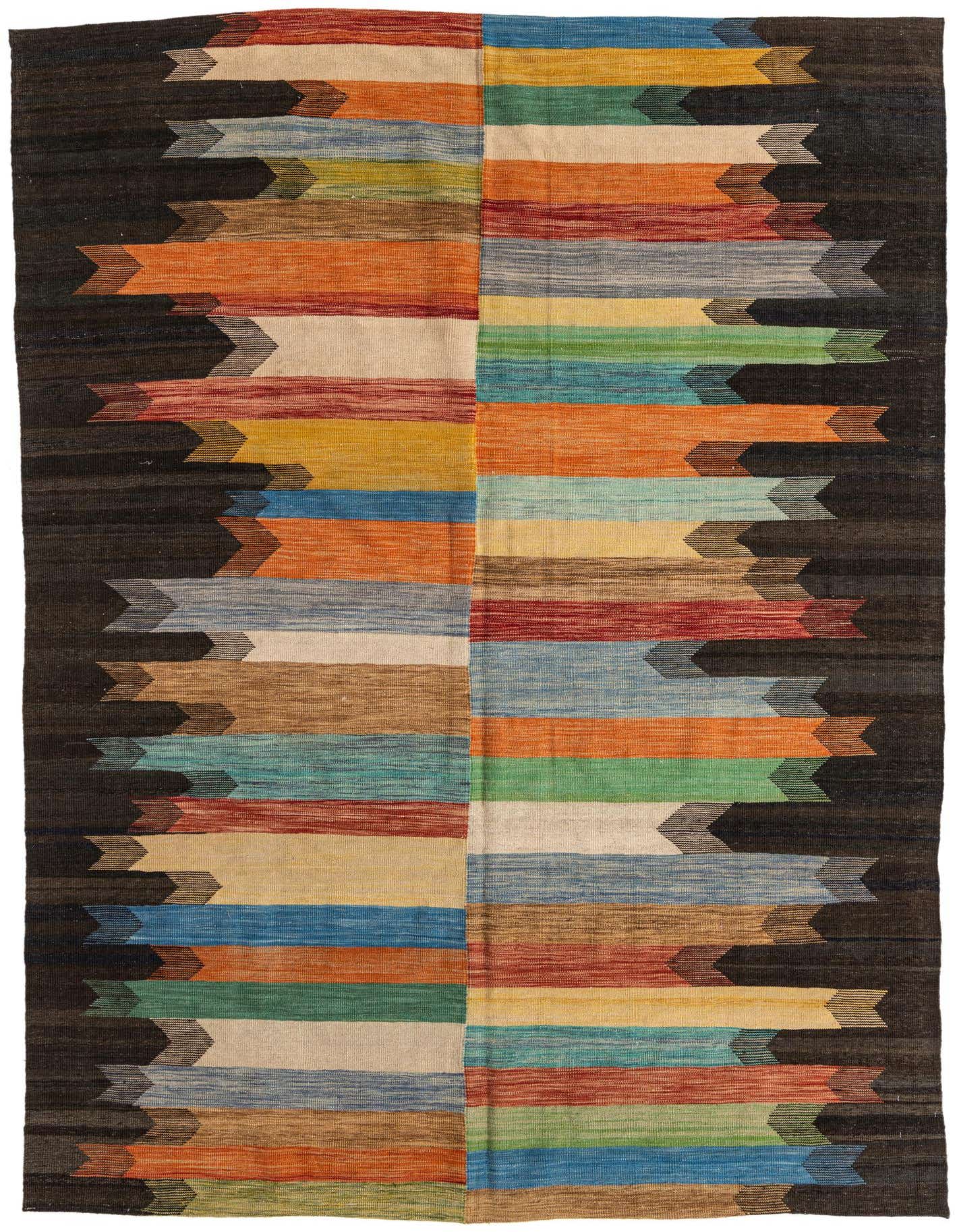 A 7x10 rectangular multi-colored tribal flatweave rug with horizontal stripes and arrow-like patterns.