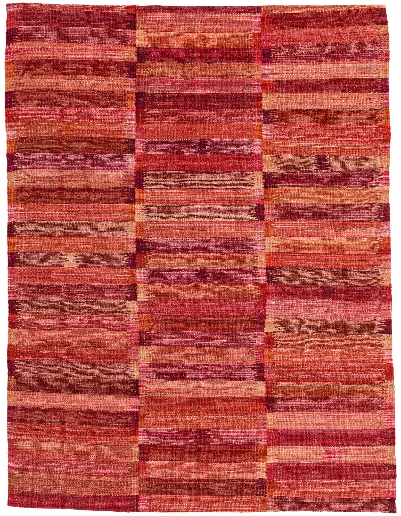 A 5x8 rectangular flatweave rug with horizontal stripes in various shades of red, orange, and pink, featuring a tribal, modern, and oriental pattern.
