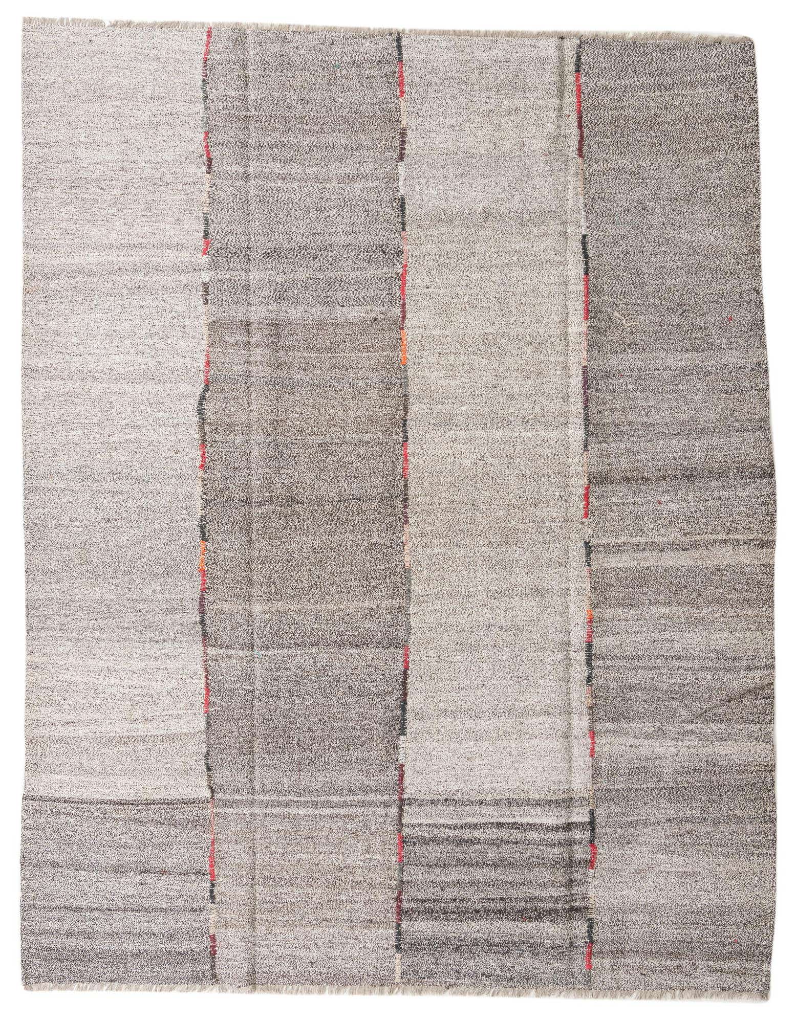 A rectangular 8x10 Kilim Modern wool rug featuring multi-colored tribal stripes in varying shades of gray, black, and red.