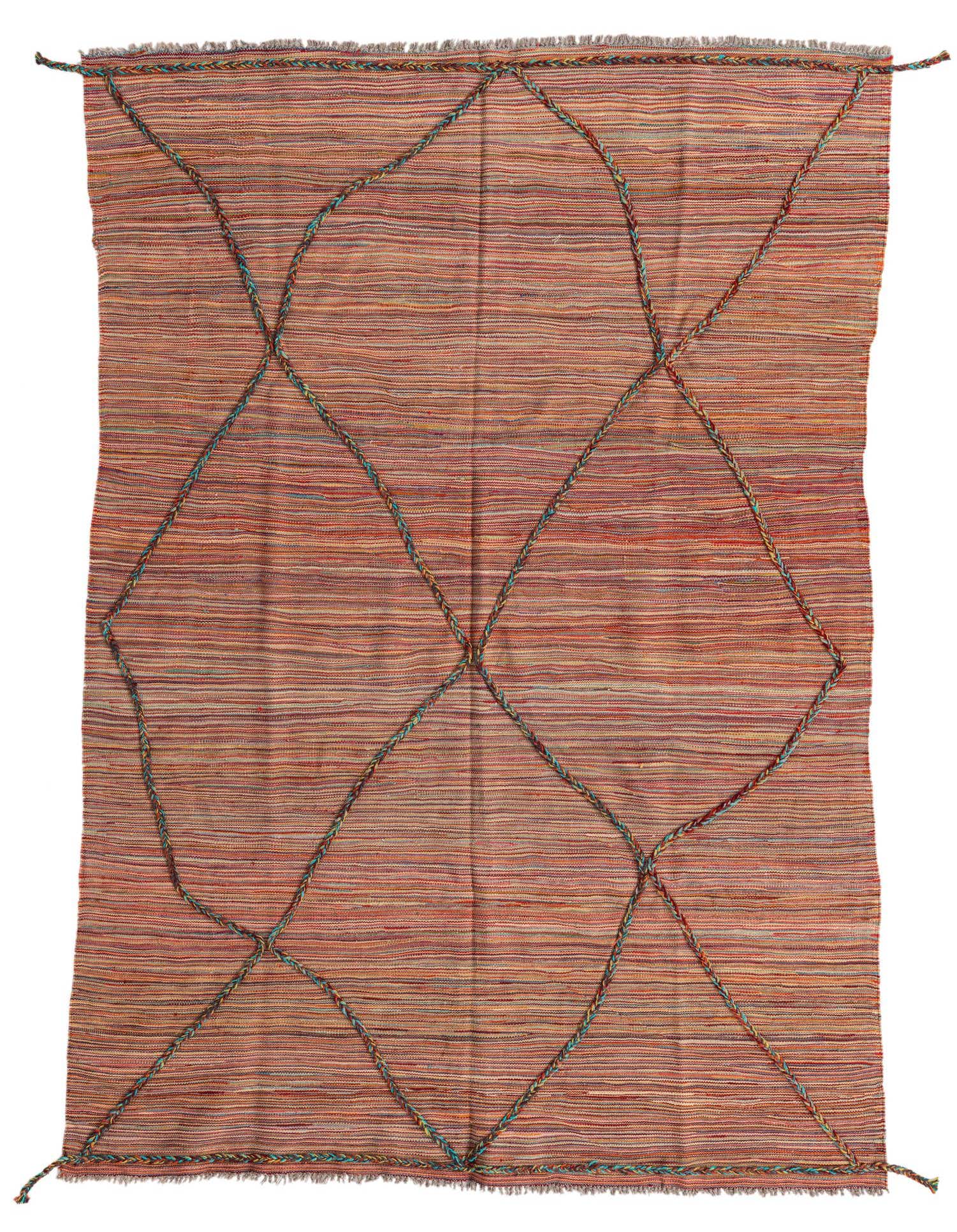 A 5x8 multi-colored flatweave wool rug with a tribal modern pattern of braided diamond shapes.