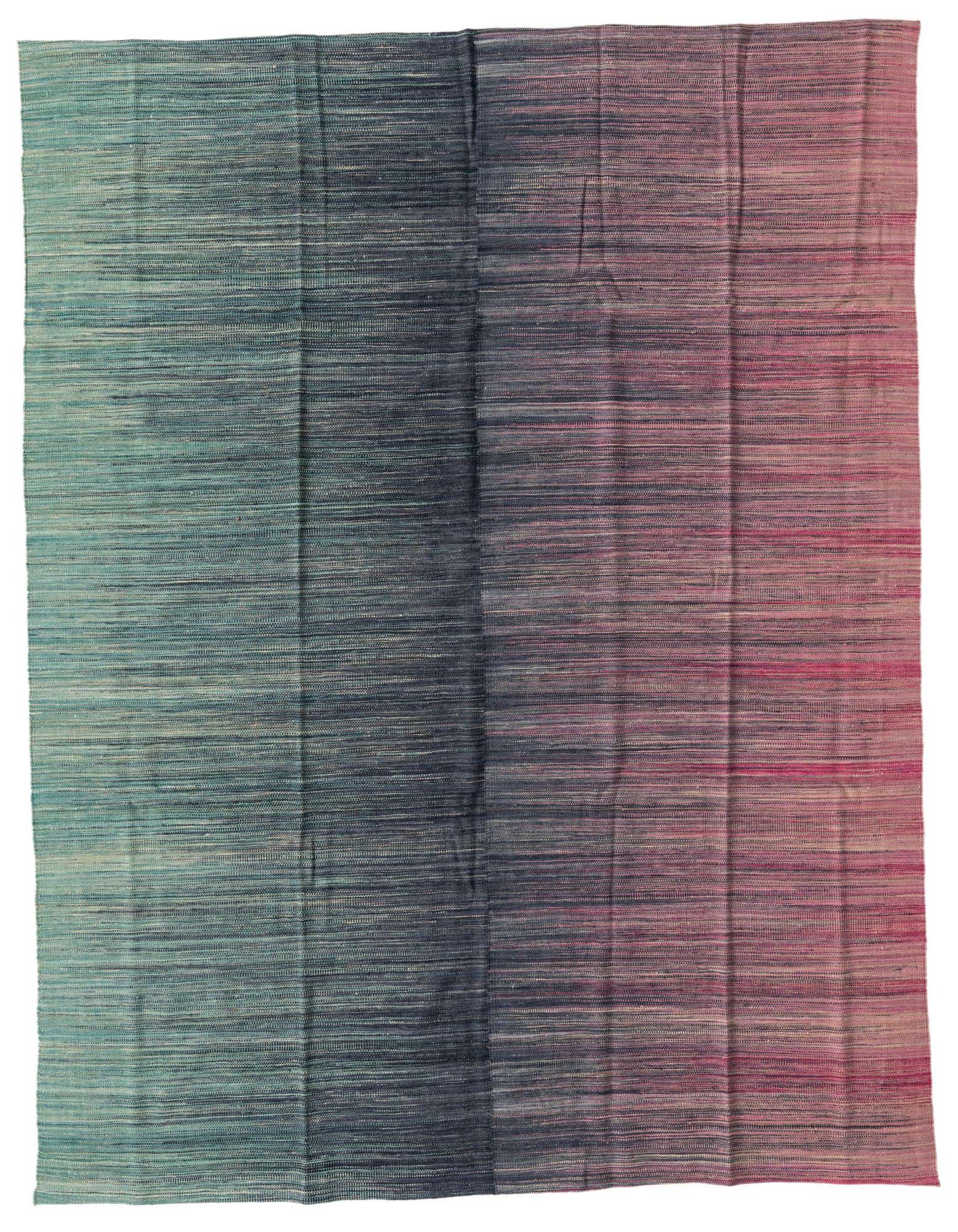 A rectangular 8x10 Kilim Modern wool rug featuring a striking multi-colored ombre design, transitioning from teal to dark blue to pink.