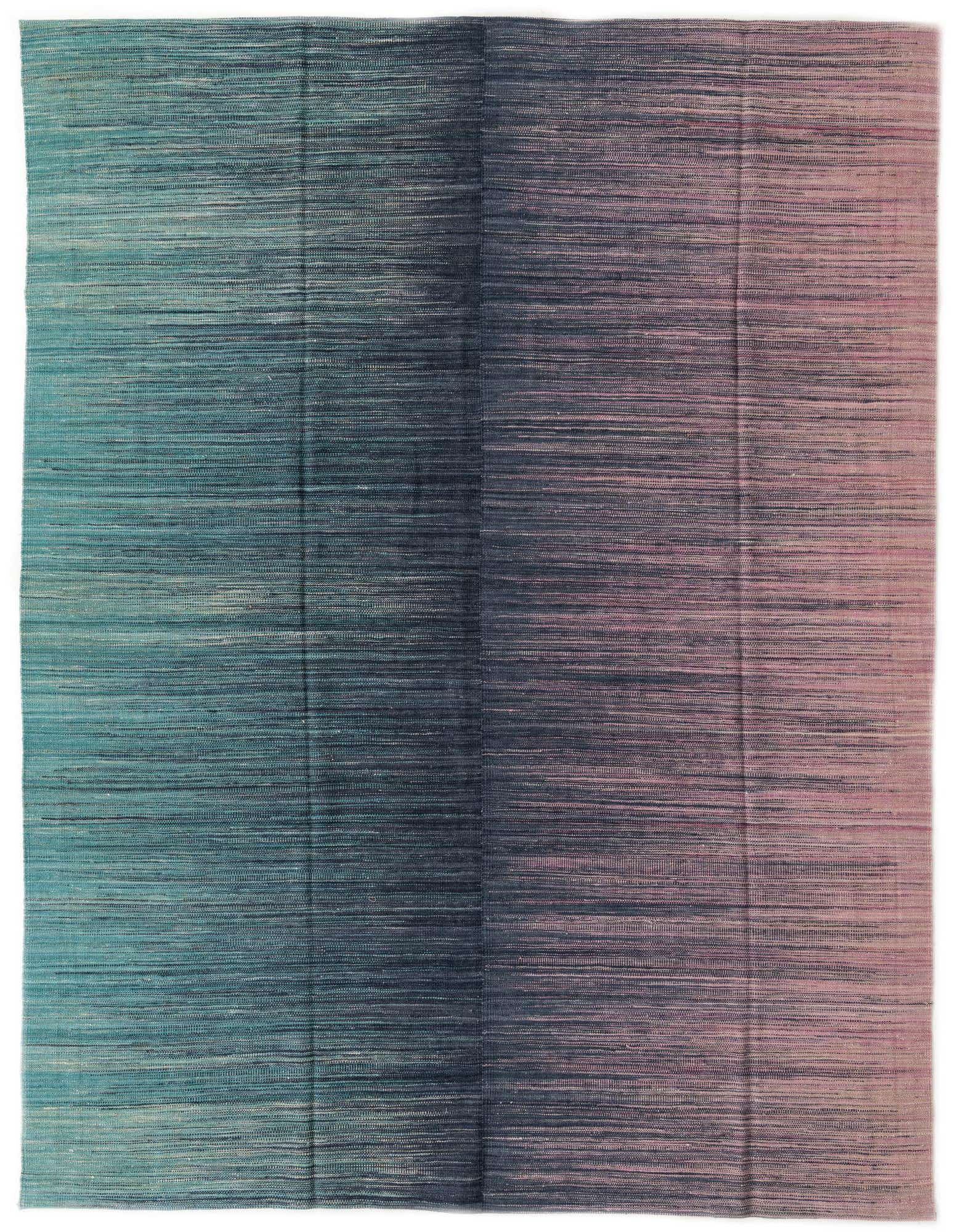A rectangular 8x10 flatweave wool rug featuring a modern tribal design with a multi-colored gradient from teal to dark blue to blush pink.
