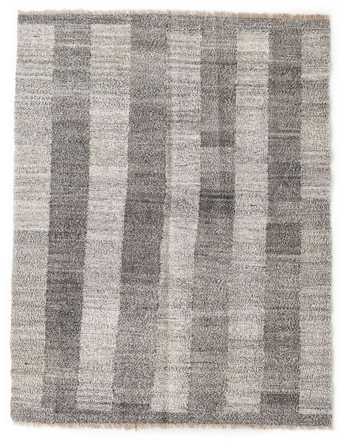 A 4x6 rectangular Kilim Modern wool rug featuring alternating vertical stripes in varying shades of gray and off-white, with a flatweave texture.