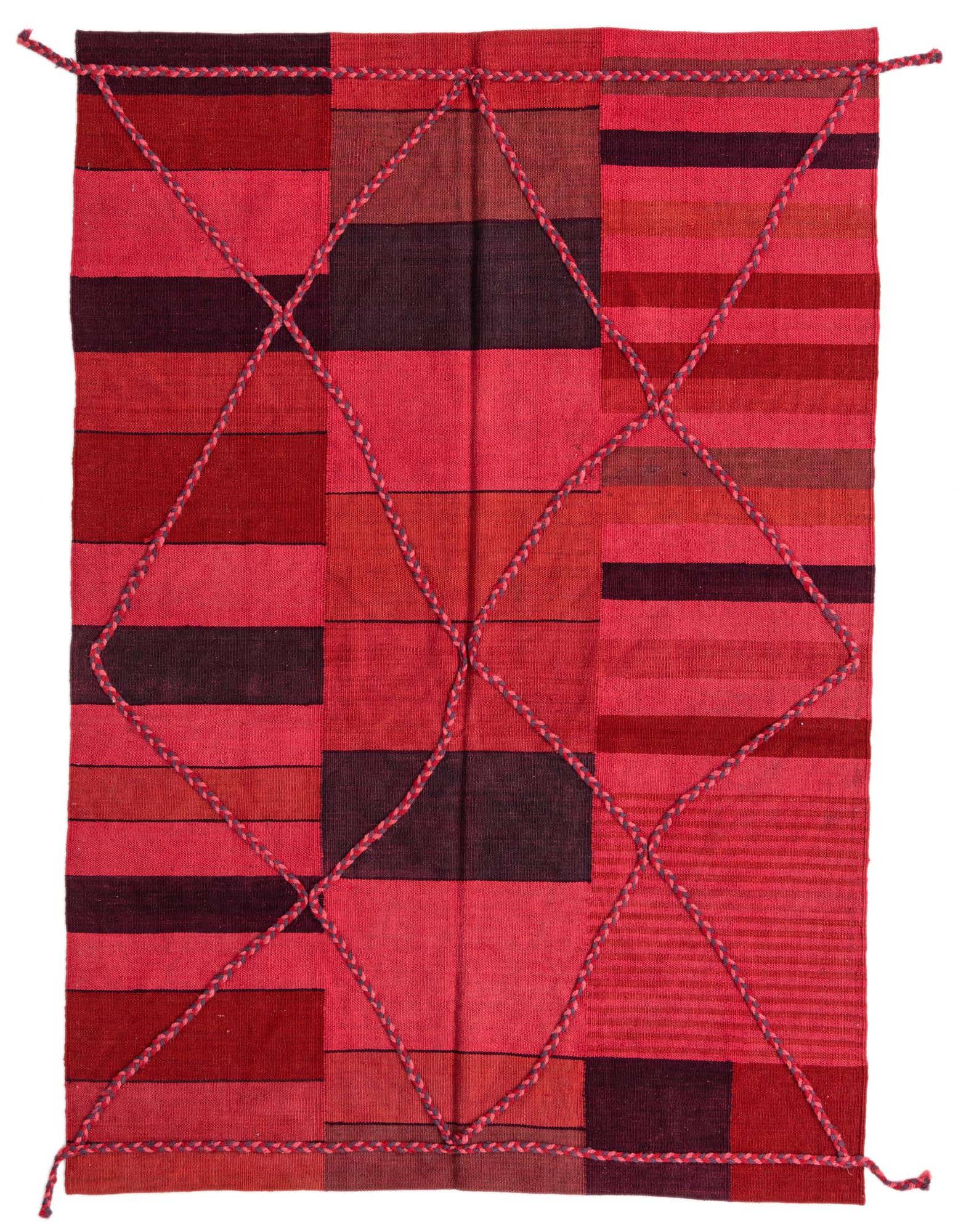 A 5x8 rectangular Kilim Modern wool rug featuring a vibrant multi-colored tribal pattern with braided accents.