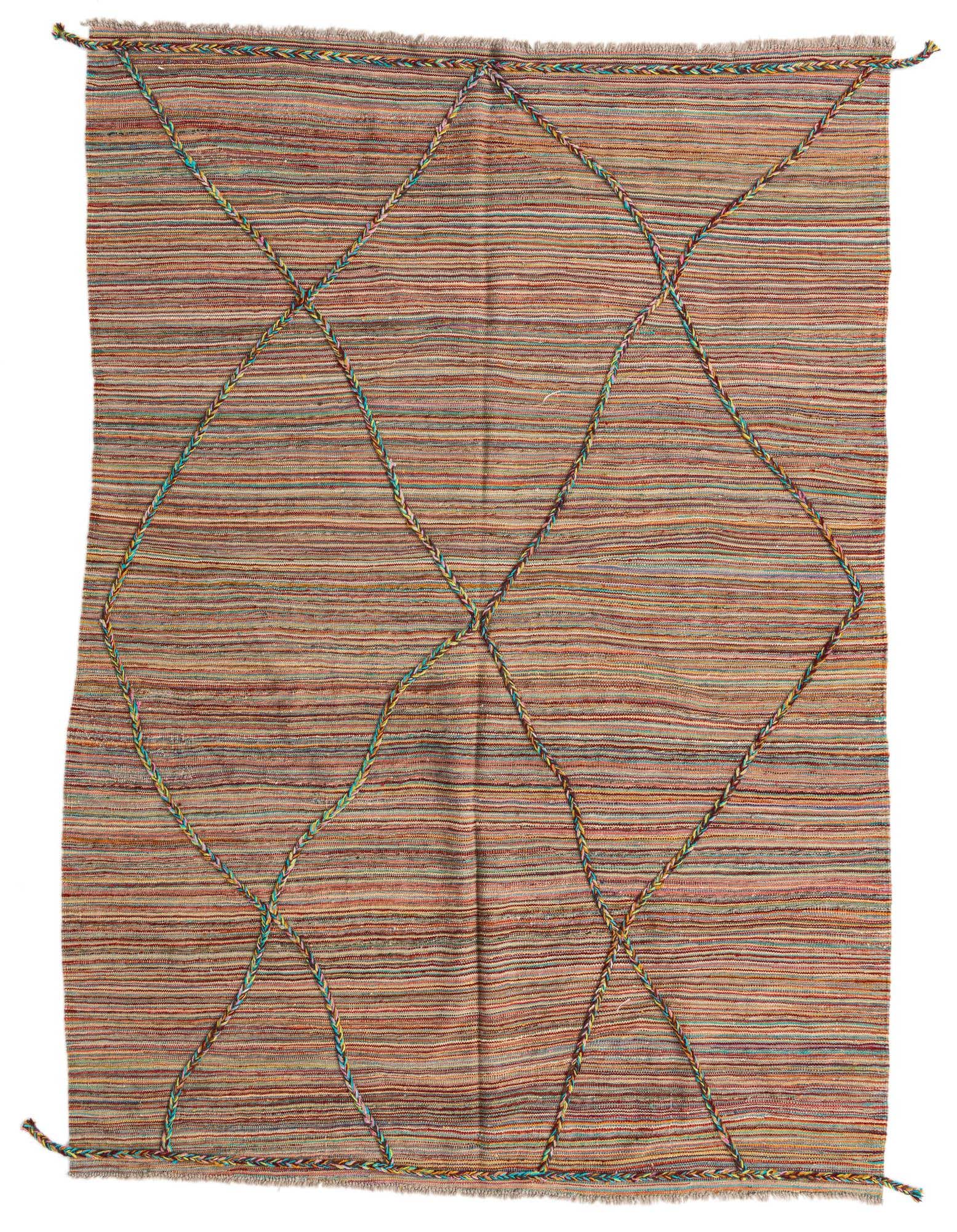 A 5x8 multi-colored rectangular flatweave wool rug with horizontal stripes and a braided diamond pattern.