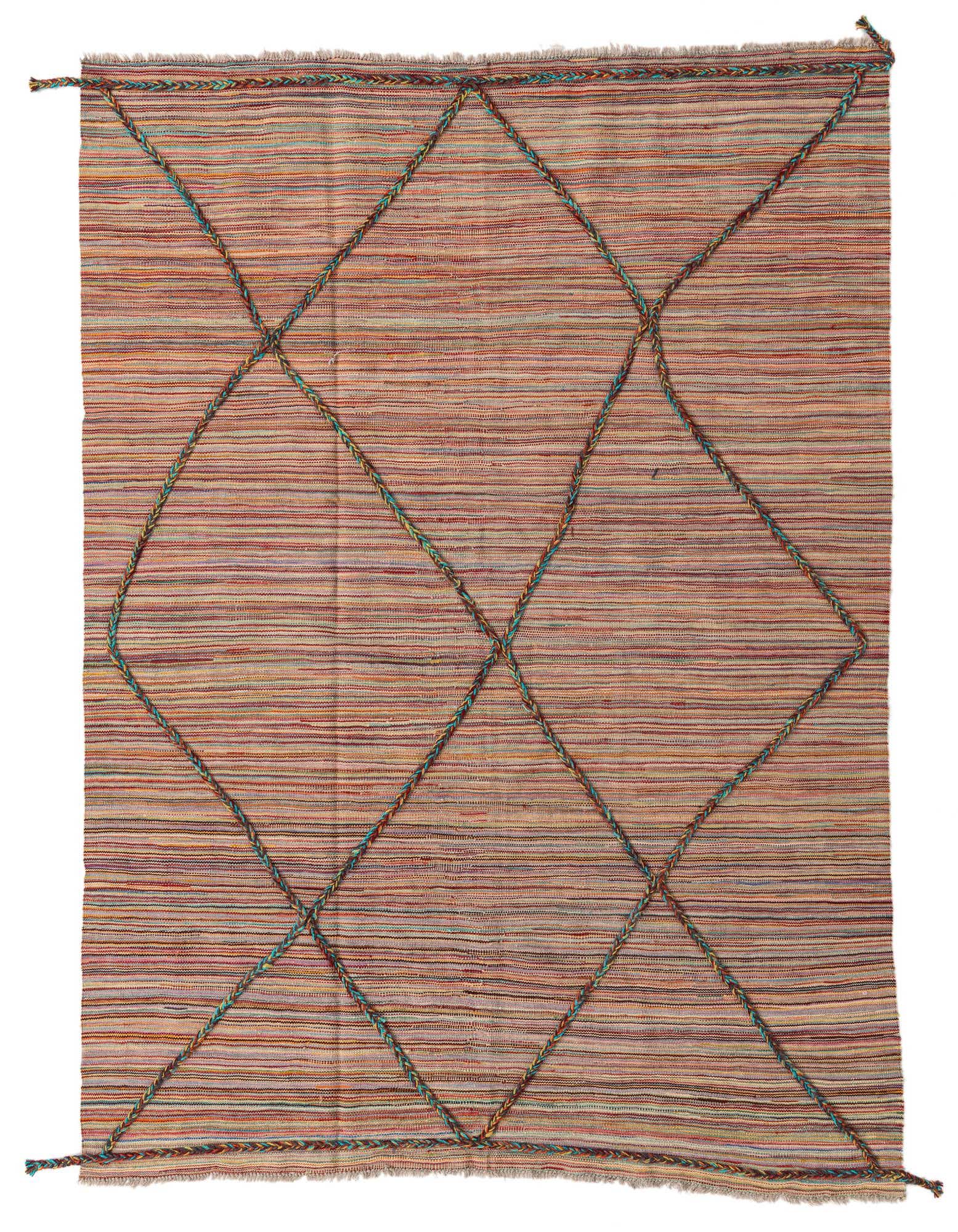 A 5x8 multi-colored flatweave wool rug with a tribal diamond pattern made from braided strands, suitable for a living room.