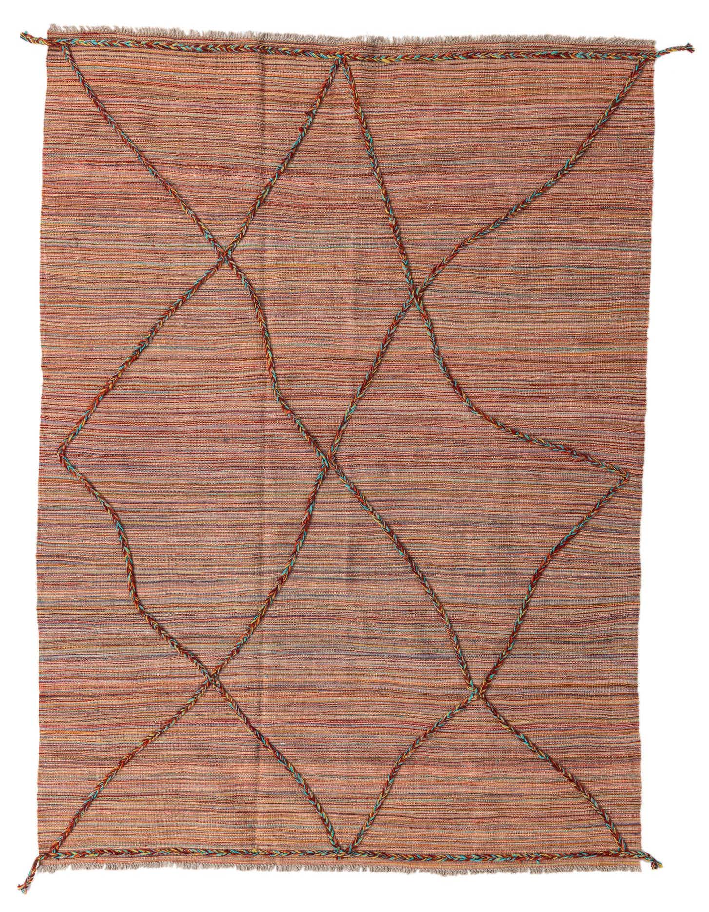 A 6x9 rectangular multi-colored flatweave wool rug with a tribal geometric pattern of braided lines.