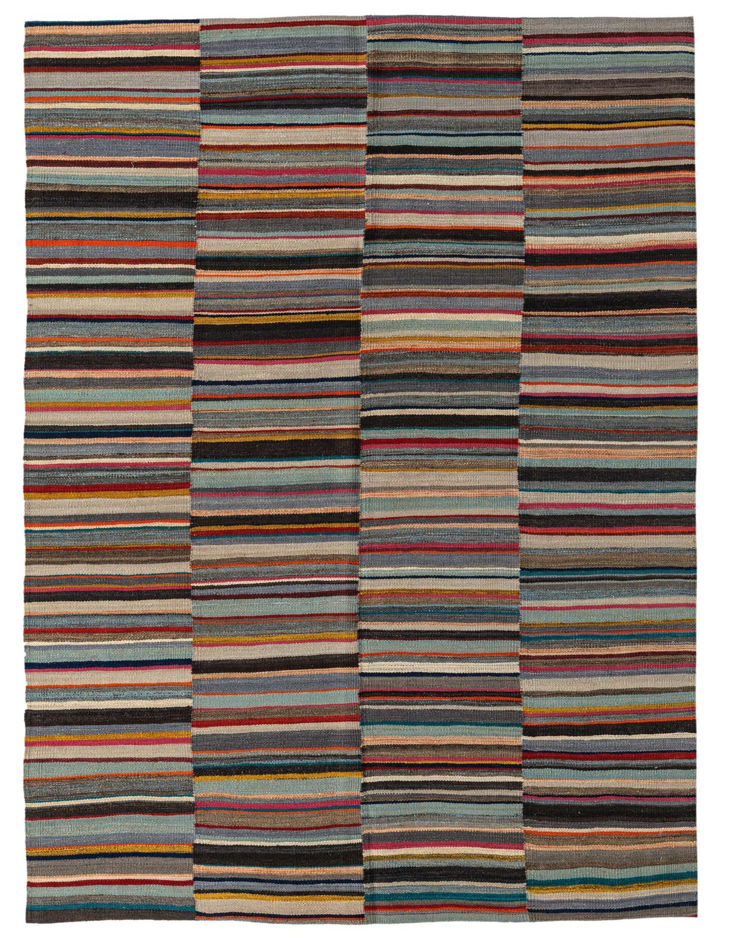 A 5x8 rectangular Kilim Modern rug featuring multi-colored horizontal stripes in shades of blue, grey, red, and orange.