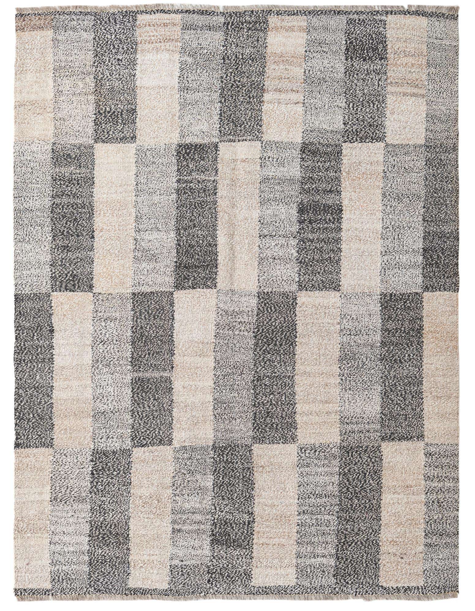 A 4x6 rectangular Kilim Modern rug with a multi-colored abstract tribal pattern, featuring alternating vertical stripes of light and dark textured wool.