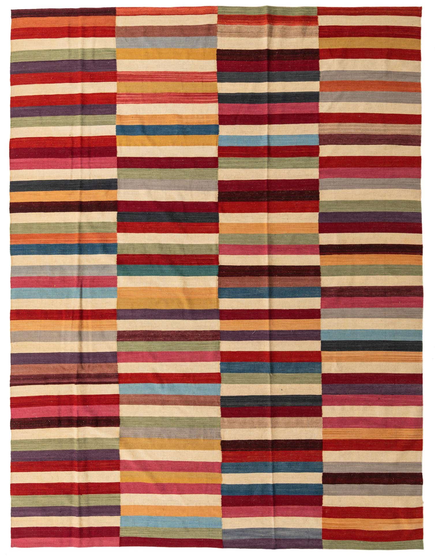 A vibrant 8x11 multi-colored rectangular Kilim Modern wool rug with horizontal stripes in various hues.