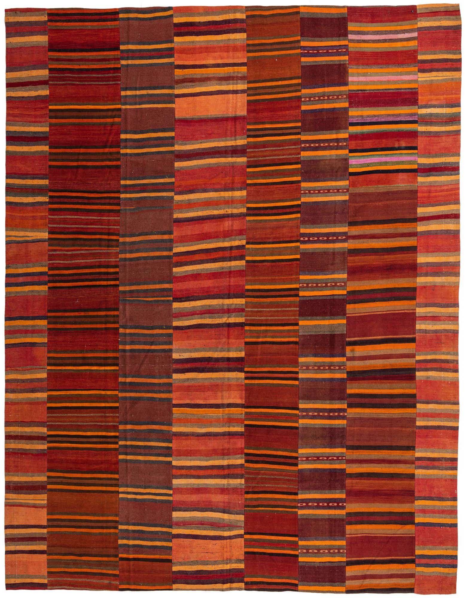 A large 12x15 rectangular Kilim Modern wool rug featuring multi-colored horizontal stripes in various shades of red, orange, and brown.