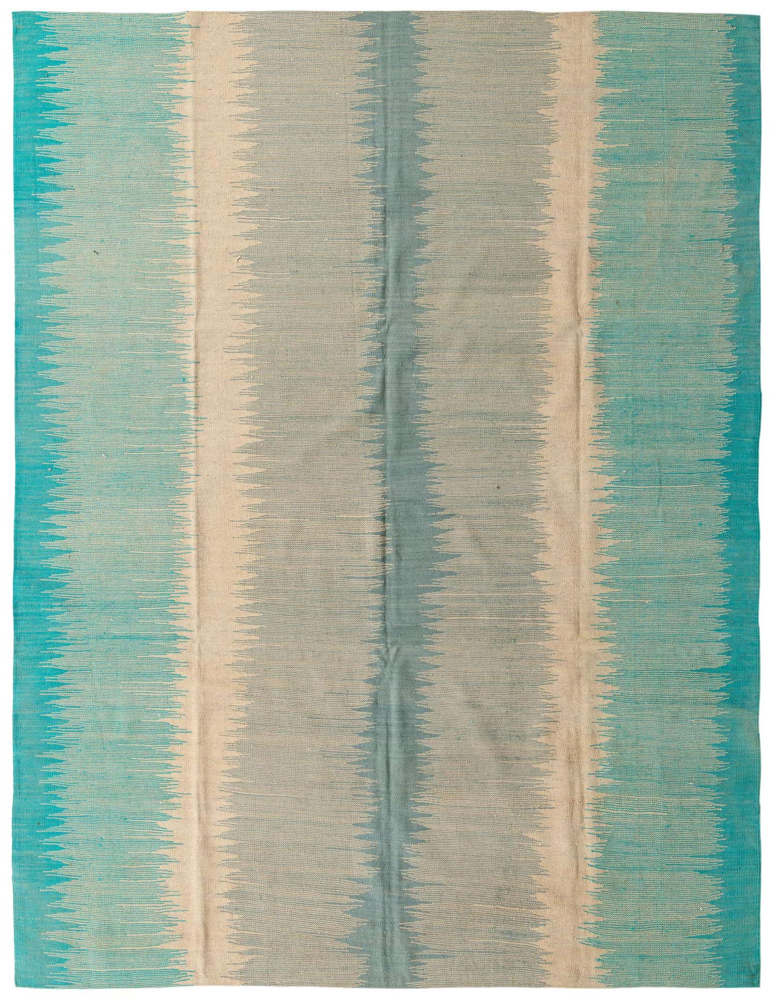 A rectangular 8x10 Kilim Modern rug featuring vibrant teal, light blue, and beige vertical stripes with a tribal, abstract pattern.