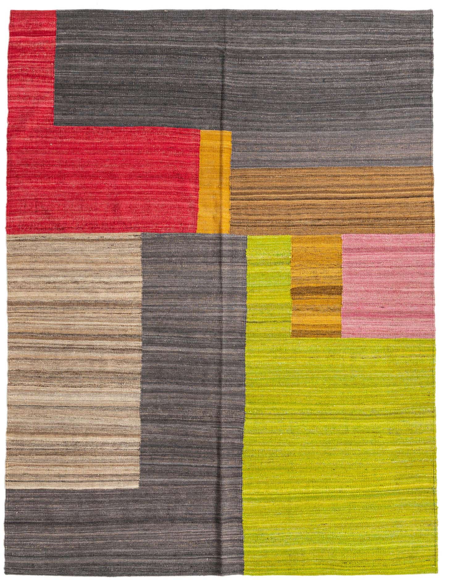 A 5x8 rectangular Kilim Modern rug with a vibrant abstract pattern in red, lime green, pink, gold, beige, and charcoal grey.