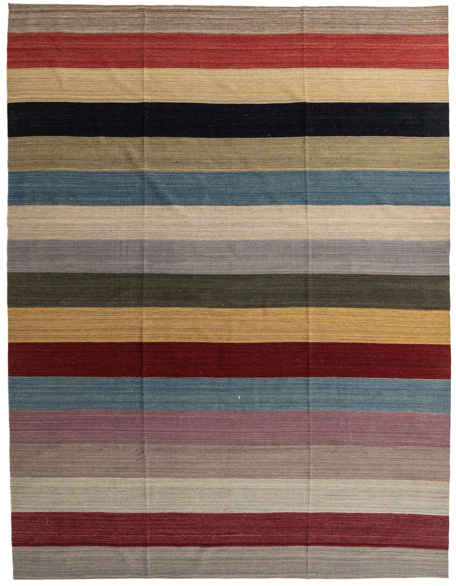 A 10x14 rectangular multi-colored flatweave wool rug with horizontal stripes in various shades, including red, blue, beige, black, and green.