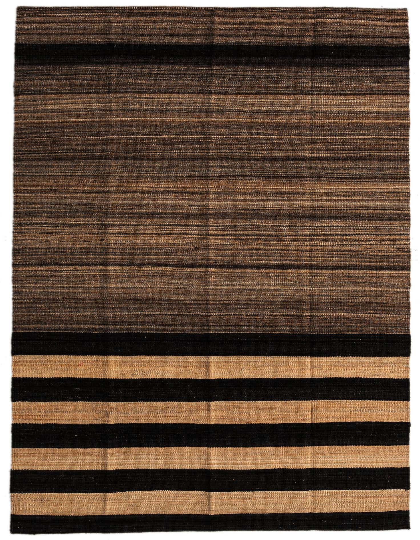 A 4x6 rectangular Kilim Modern rug with a flatweave, featuring a multi-colored striped pattern in black and natural brown tones.