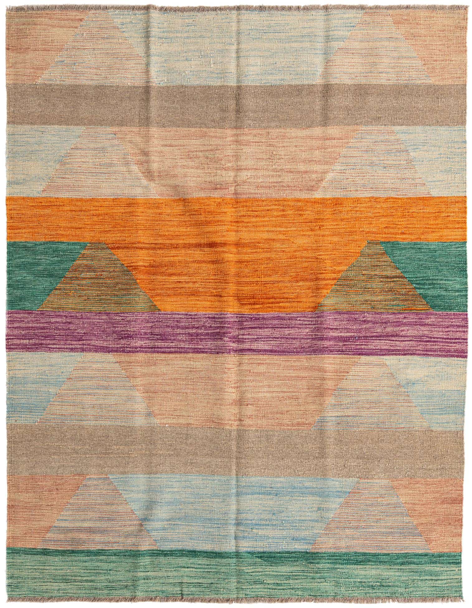 A 5x8 rectangular Kilim Modern rug with a flatweave, featuring multi-colored horizontal stripes and abstract tribal patterns in orange, purple, teal, and earthy tones.