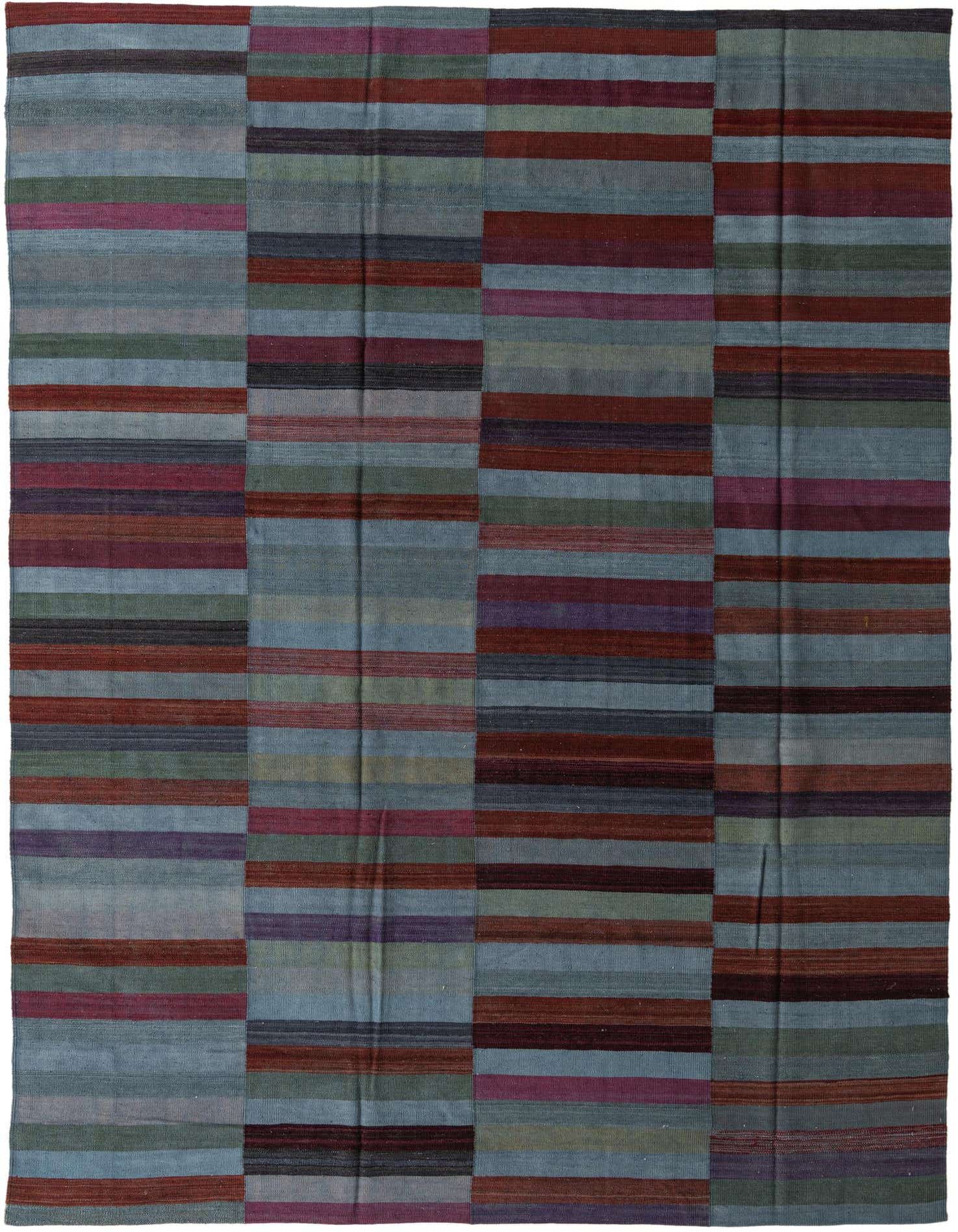 A rectangular 8x11 Kilim Modern rug with multi-colored horizontal stripes in shades of blue, green, red, and purple, perfect for a living room.