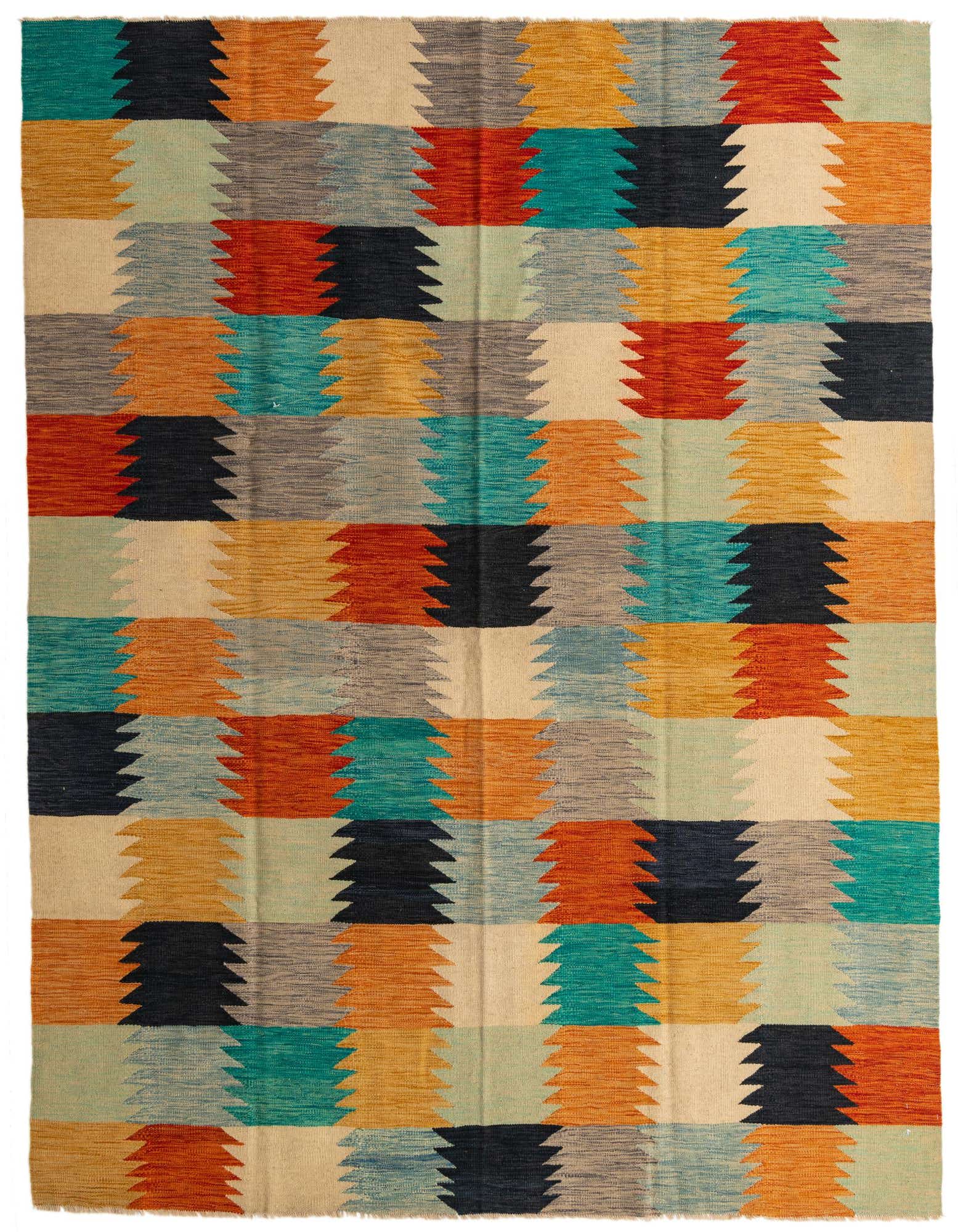 A rectangular 8x10 multi-colored flatweave rug featuring a modern tribal pattern of interlocking zigzag blocks in various hues.