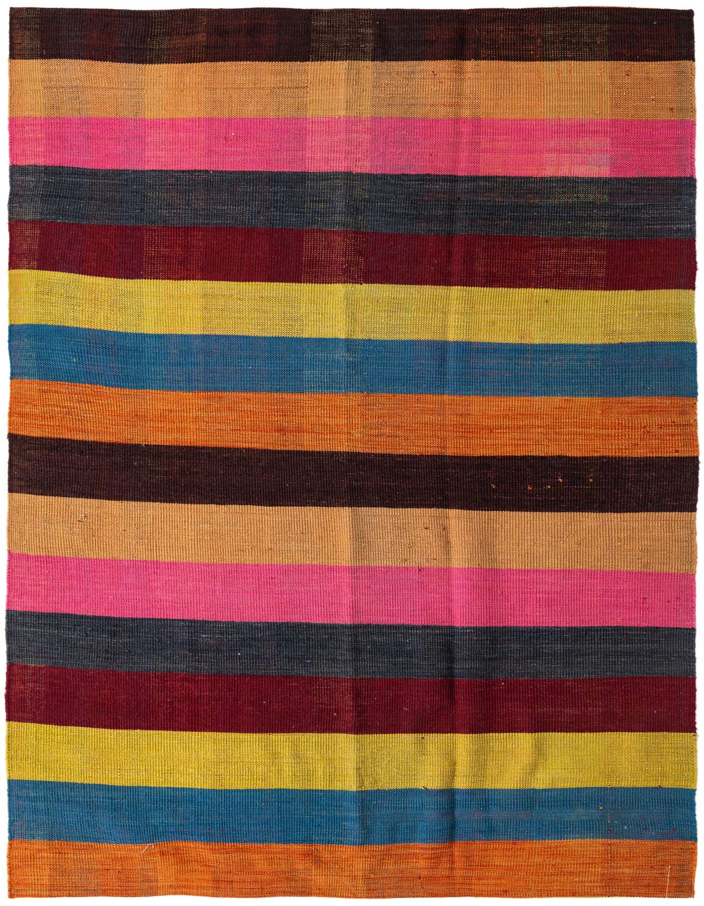 A vibrant 5x8 rectangular Kilim Modern rug with horizontal stripes in pink, blue, yellow, orange, red, and dark gray.