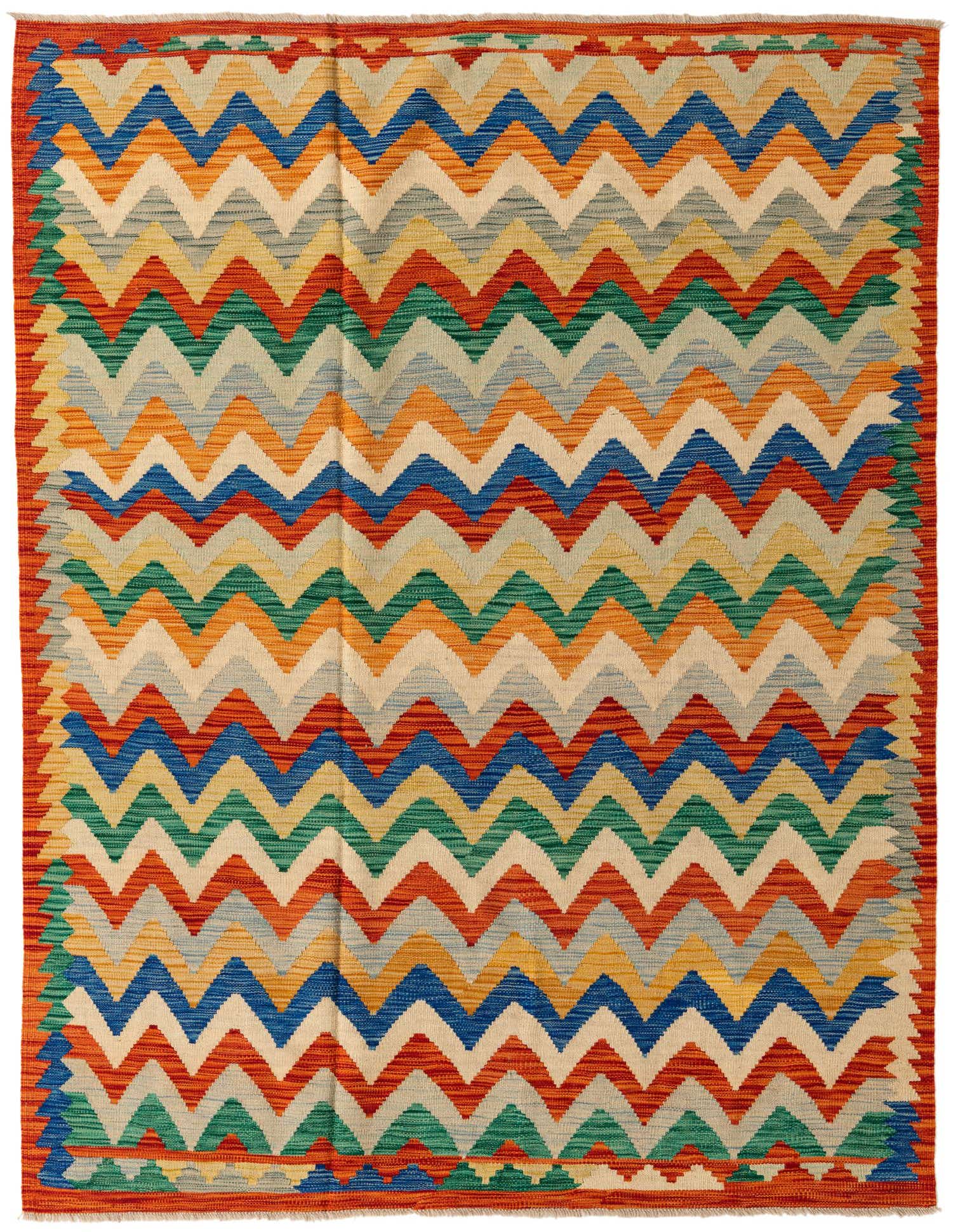 A 5x8 rectangular Kilim Modern rug featuring a vibrant multi-colored chevron pattern in shades of red, orange, blue, green, and cream.