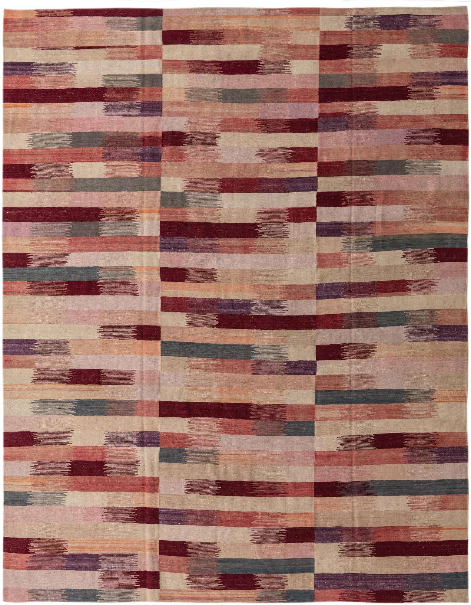 An 8x10 rectangular flatweave rug featuring a multi-colored abstract tribal pattern with horizontal stripes in shades of red, pink, purple, and beige.